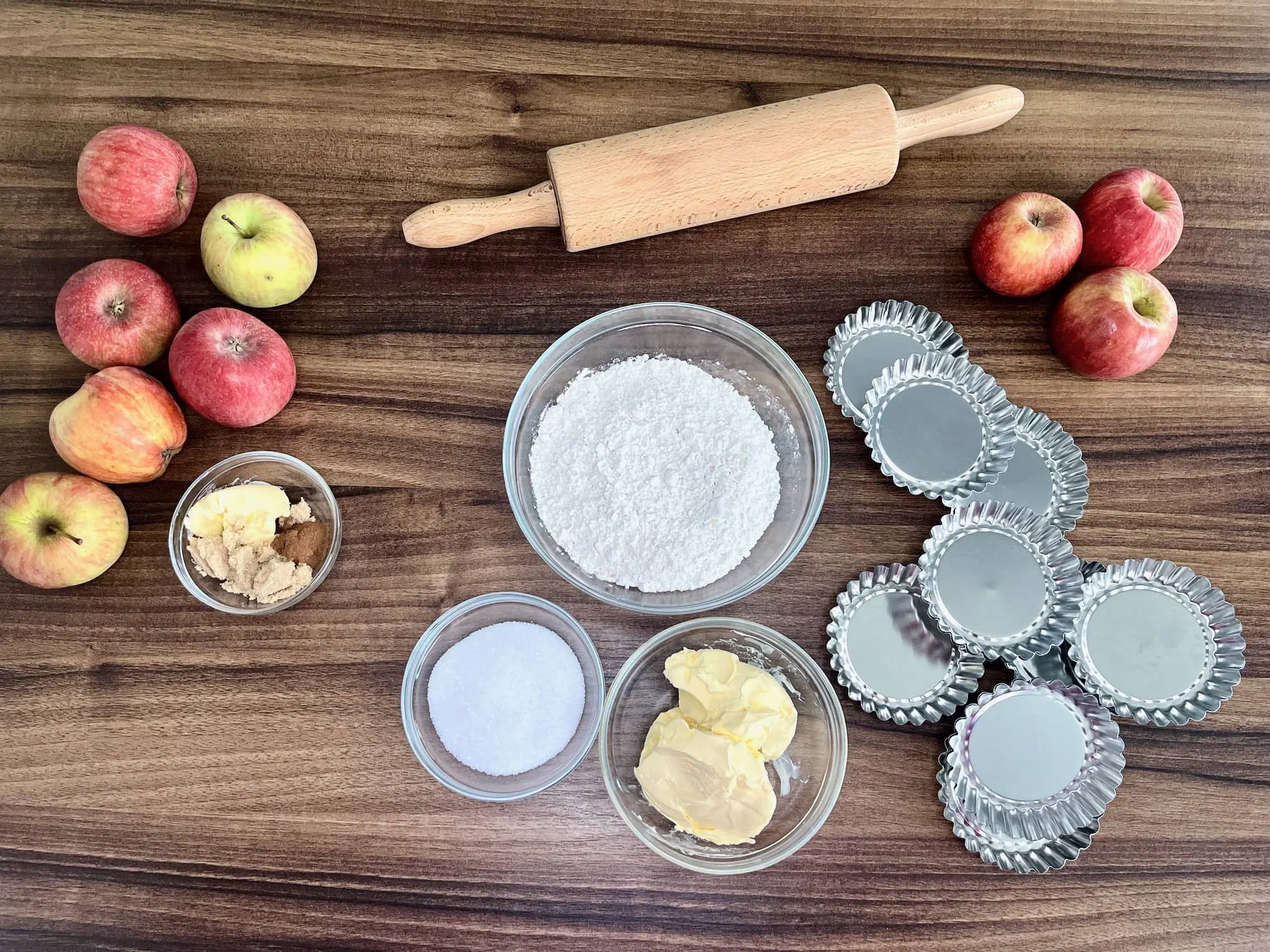 Ingredients arranged on the tabletop, ready to prepare Apple Mini Tarts