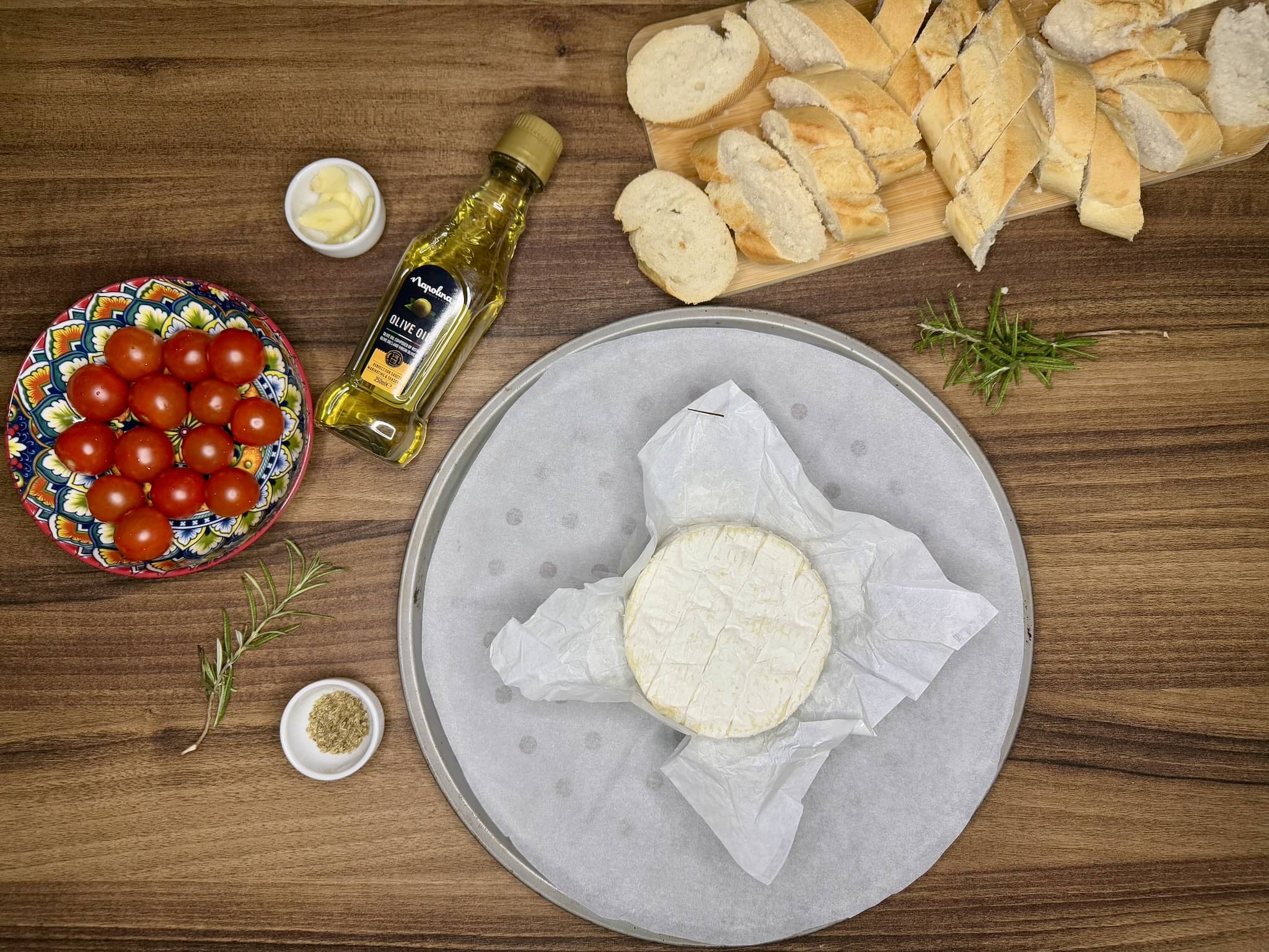 All ingredients on the worktop ready to make Baked Camembert