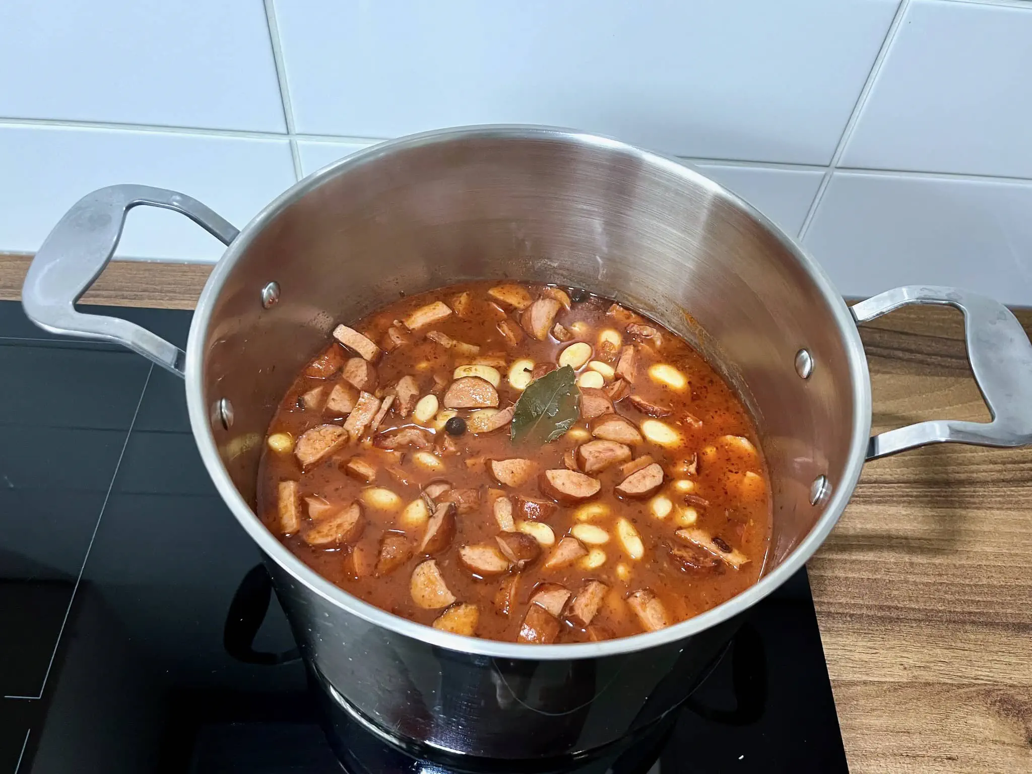 All the ingredients are mixed with the beans in a pot