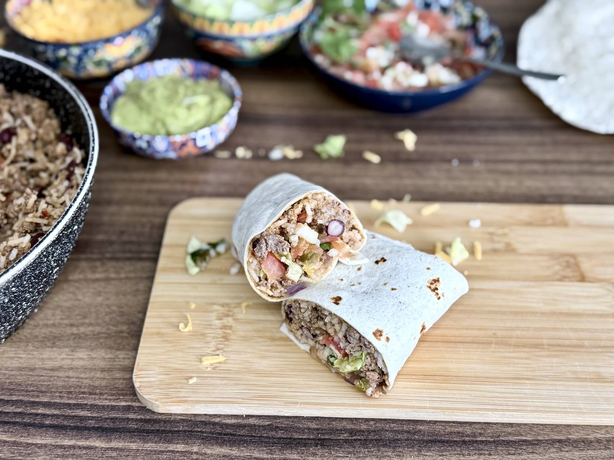 The wrapped beef burrito cut in half