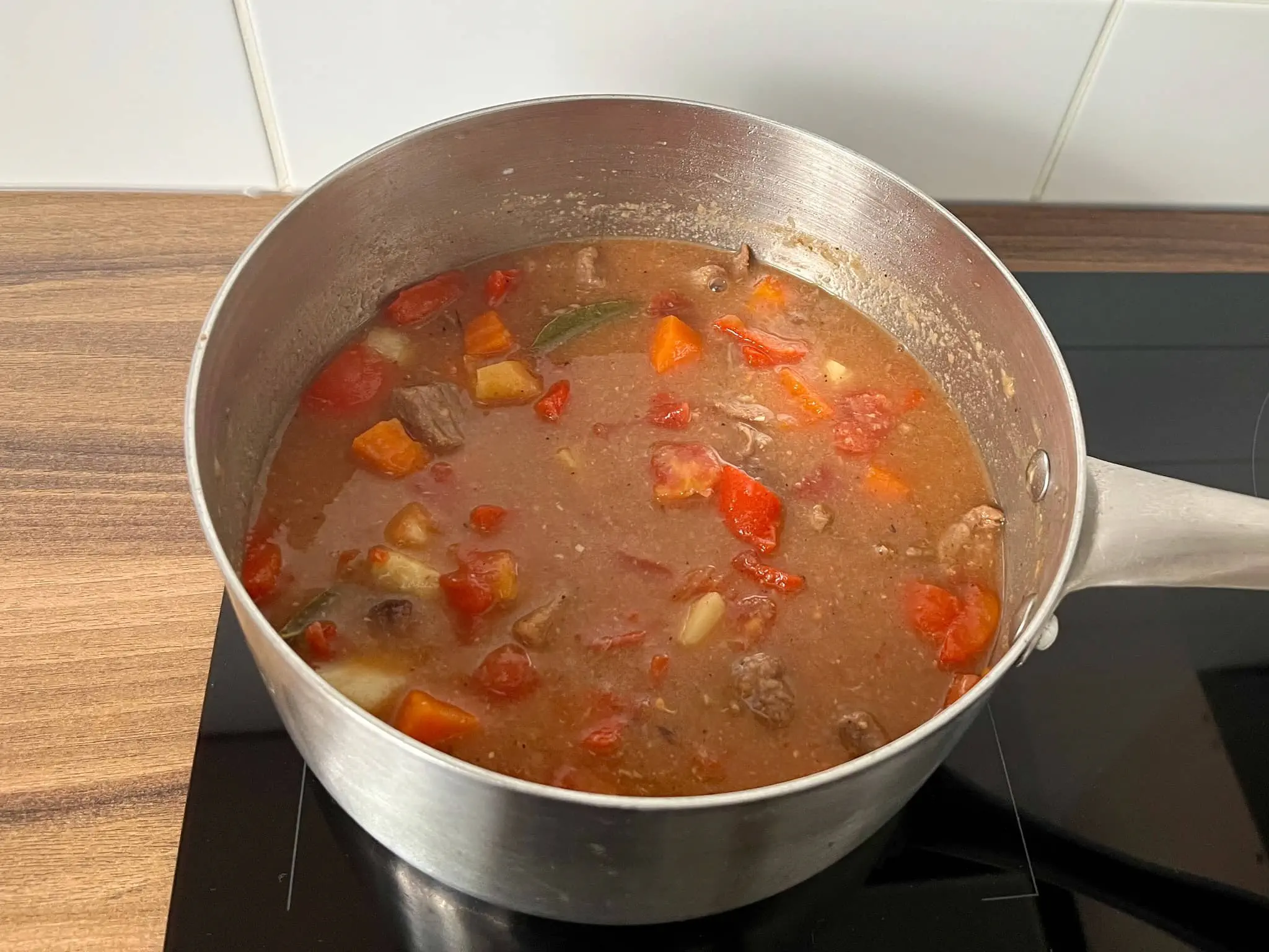 Beef Casserole in progress with added chopped tomatoes
