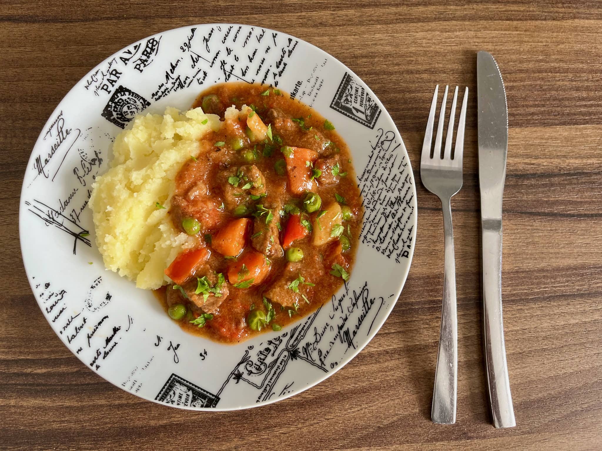 Beef Casserole served with mashed potatoes