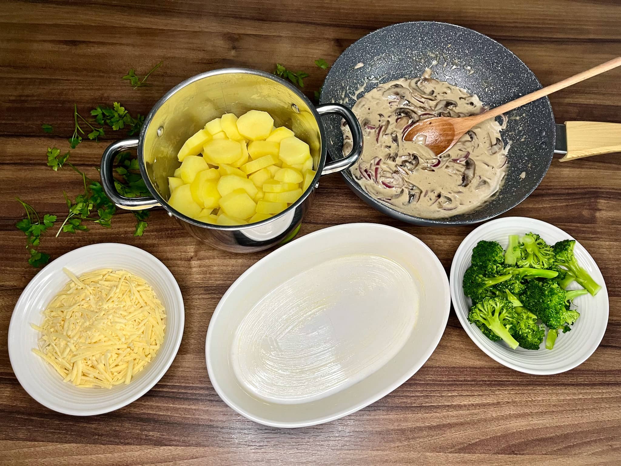 Preparing a dish for Broccoli and Mushroom Potato Casserole