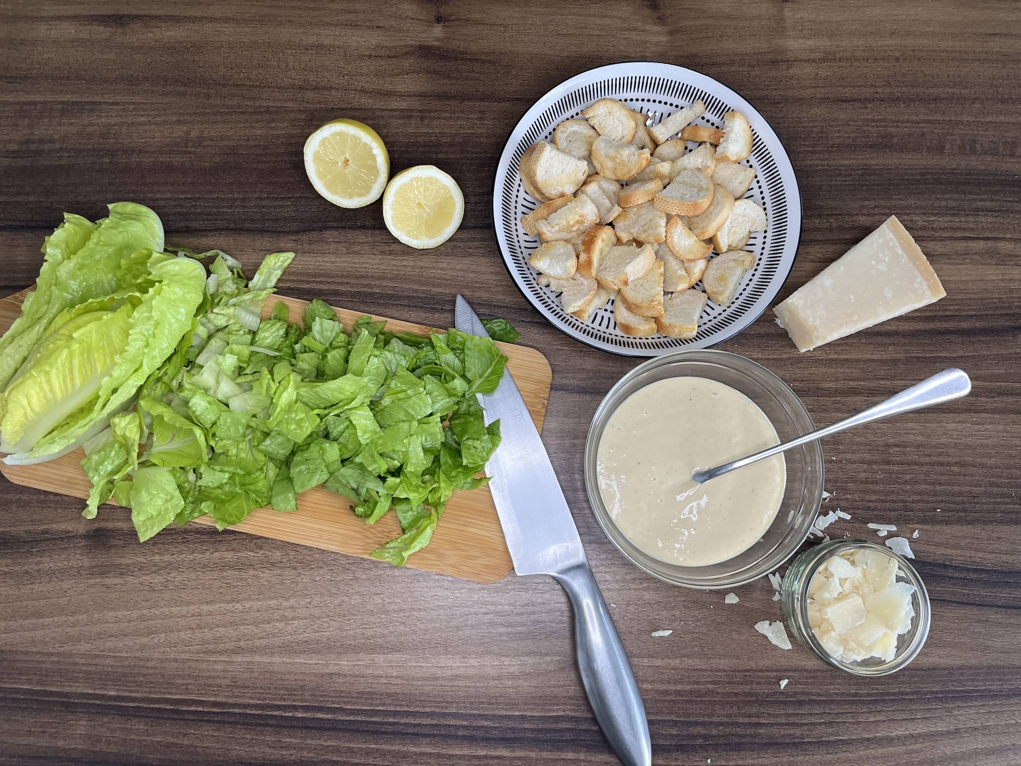 Romaine lettuce sliced on a chopping board