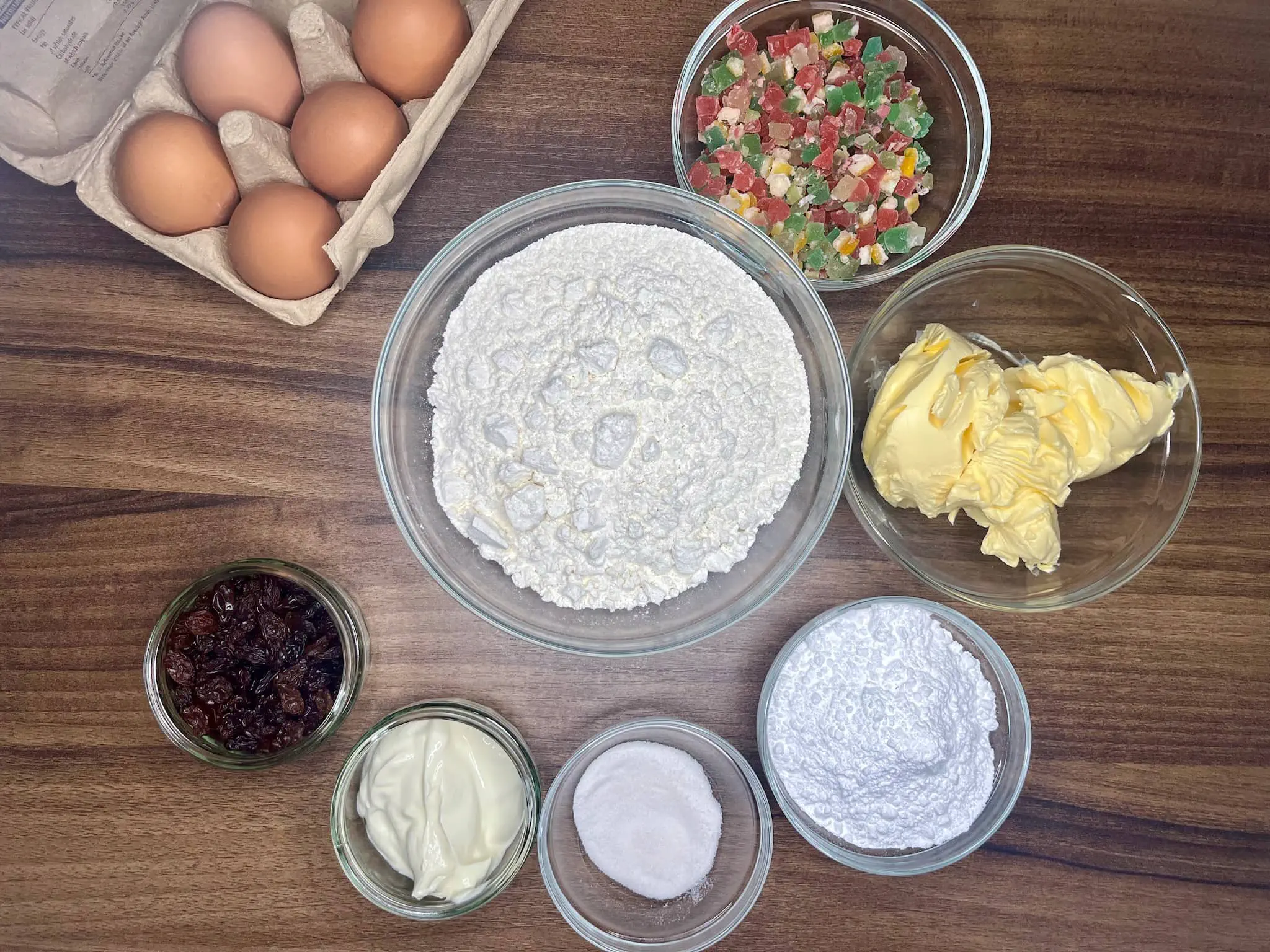 All the ingredients ready to make Candied Fruit Loaf Cake