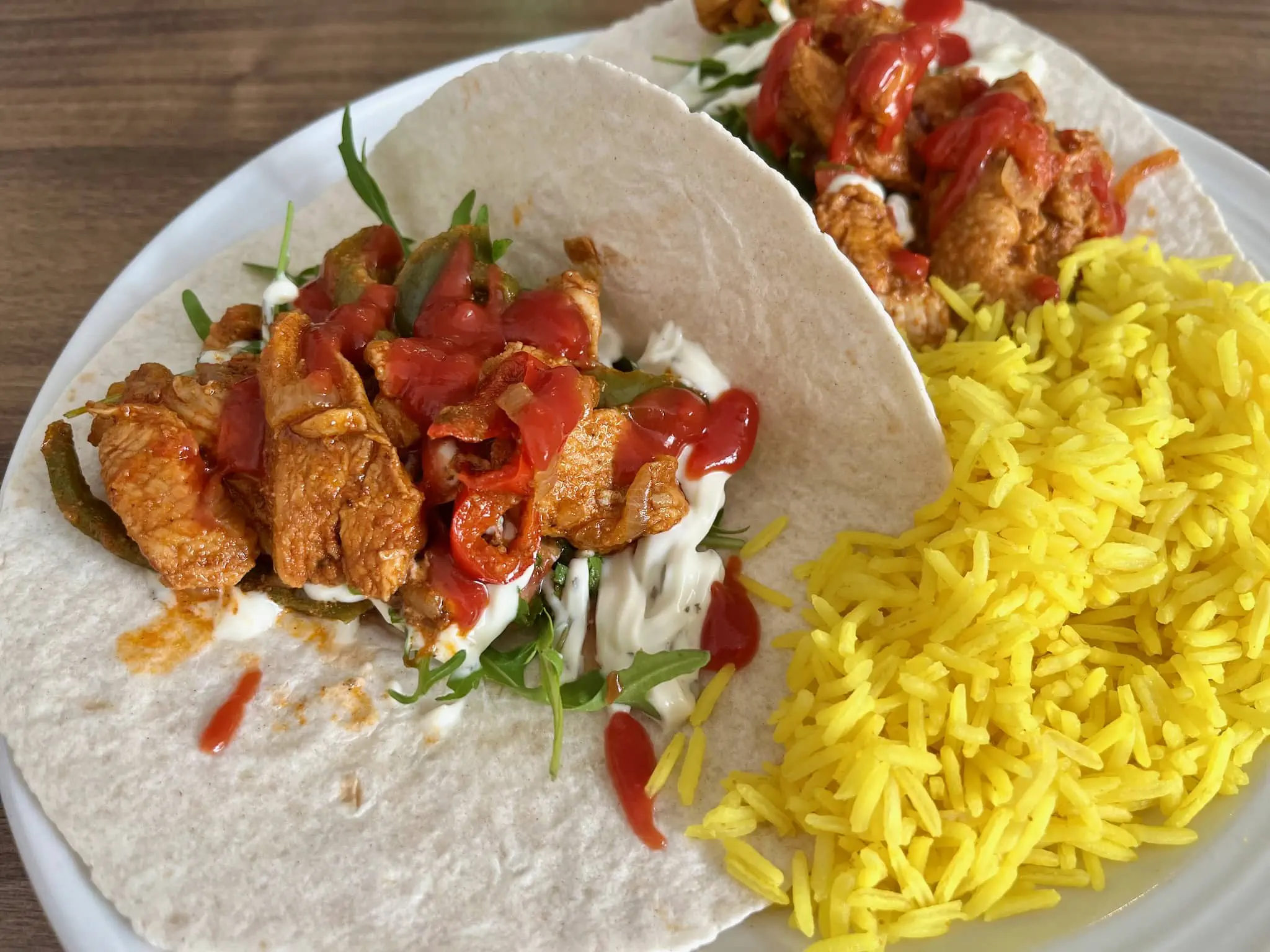 Chicken Fajitas on the wrap, with salsa, salad and rice