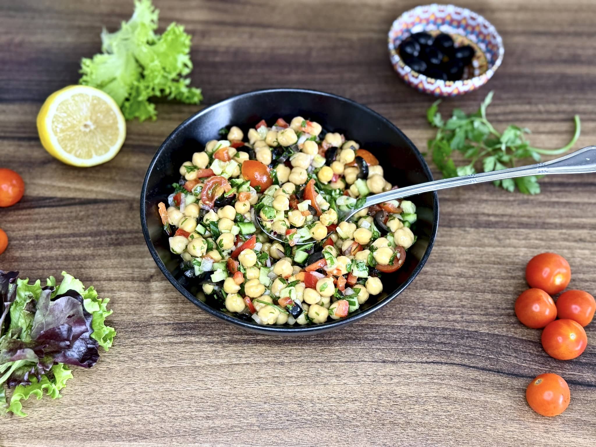 Ready Chickpea Salad in a bowl ready for serving