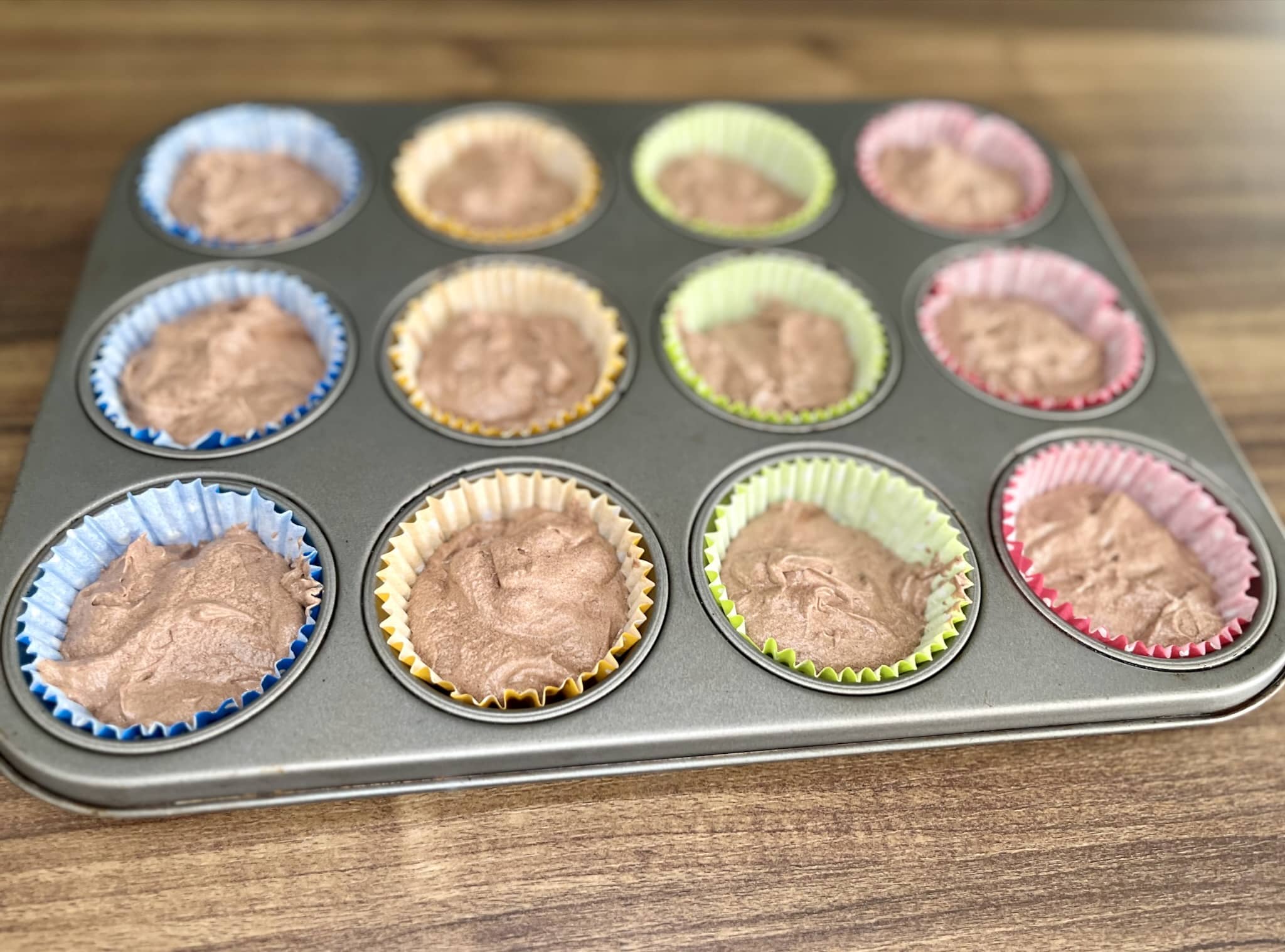 Muffin tray with muffin cases filled with muffin batter