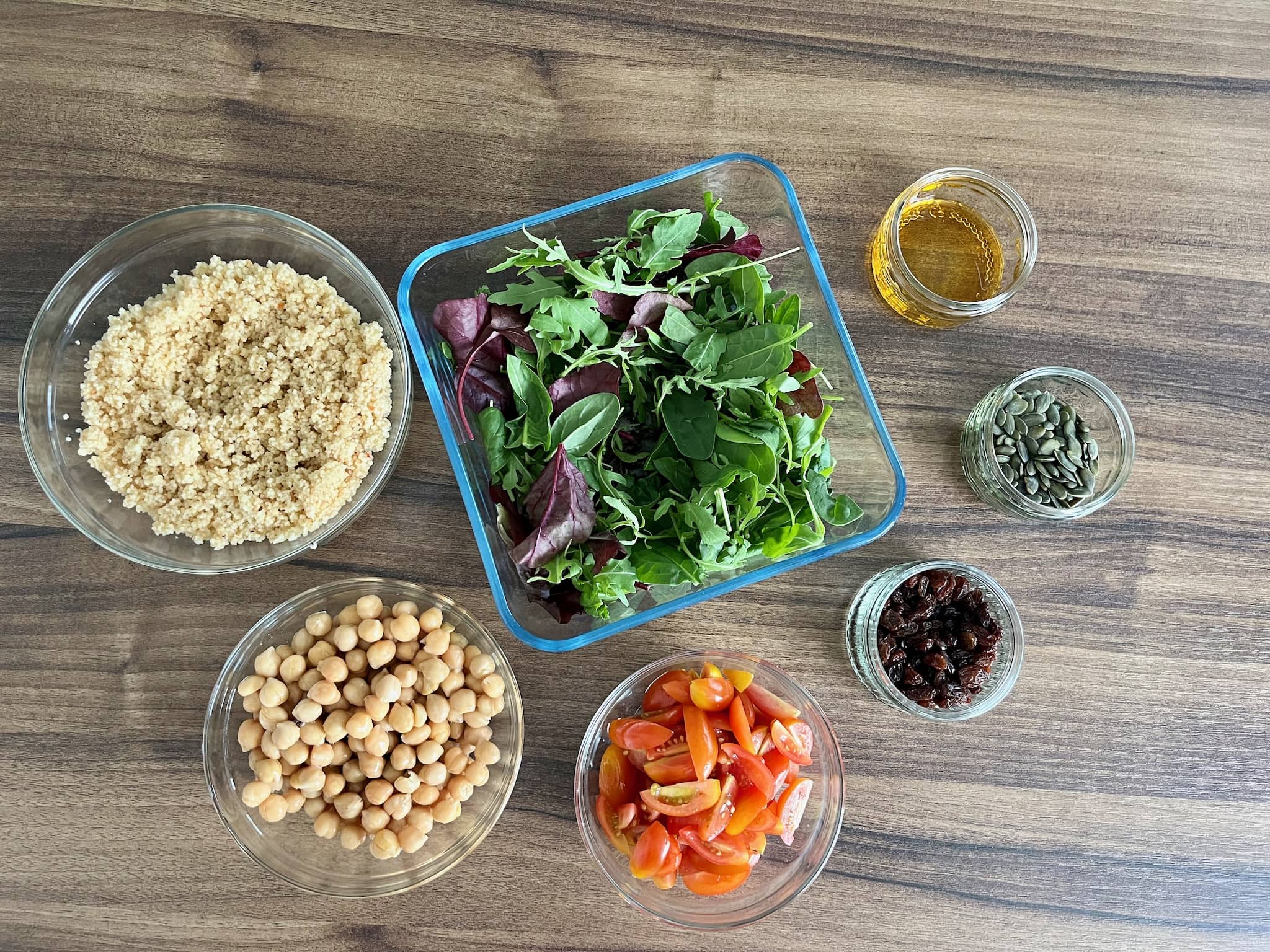 All ingredients for a Couscous &amp; Chickpeas Salad