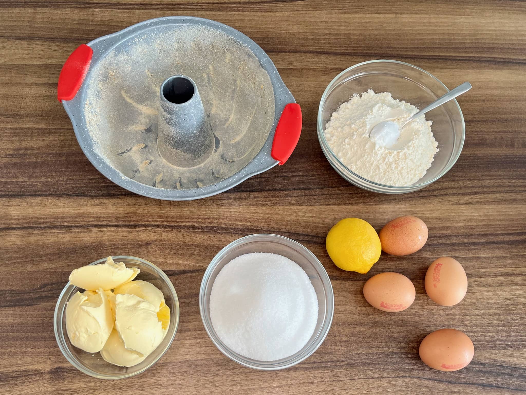 All the ingredients on the tabletop ready to make Easter Bundt Cake