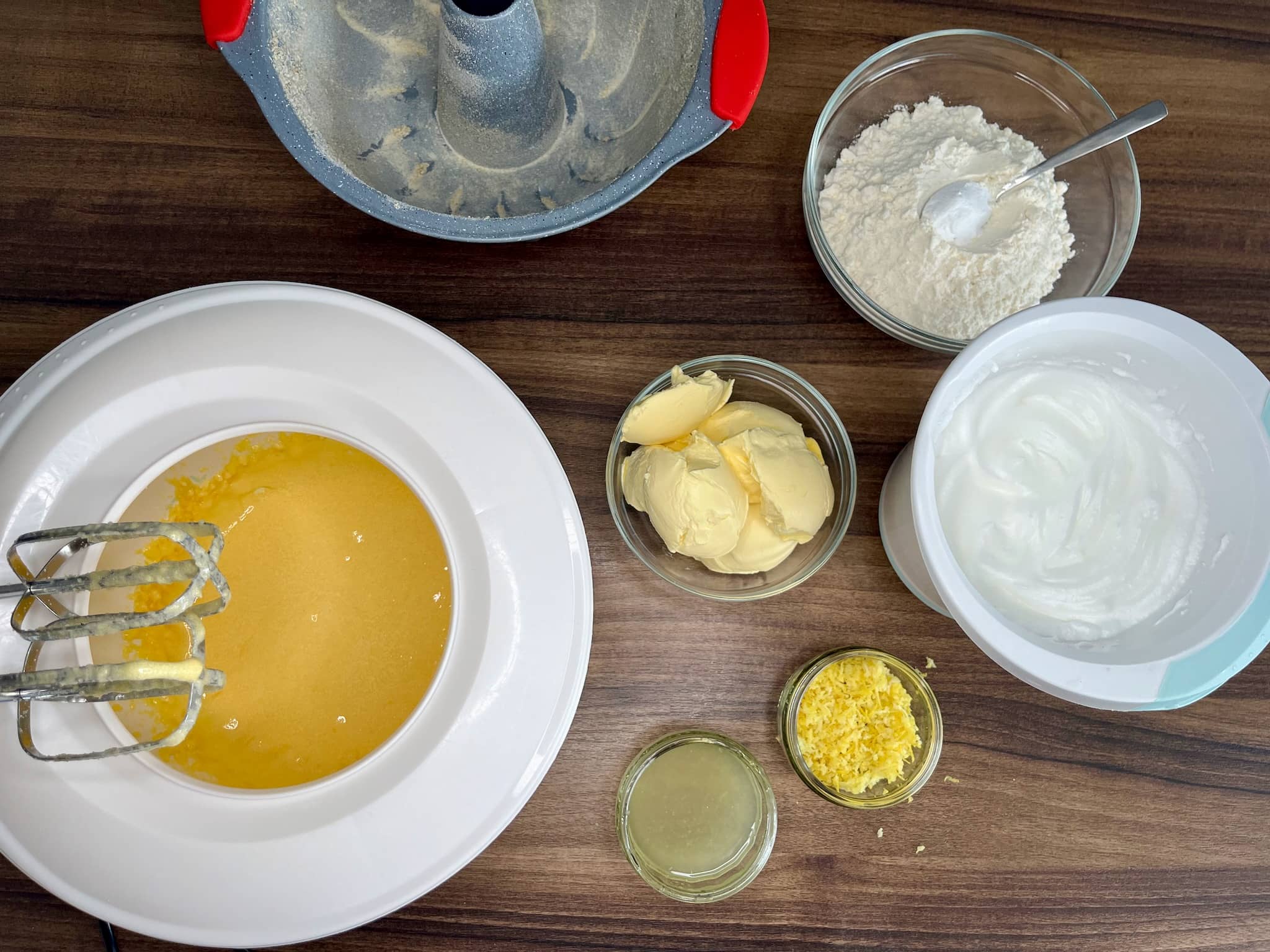 Yolks mixed with sugar and other ingredients ready to use on the tabletop