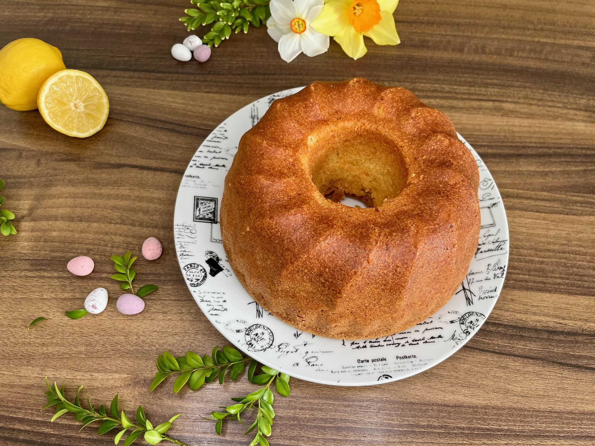 Nicely baked easter bundt cake taken out from the tin and placed on a plate