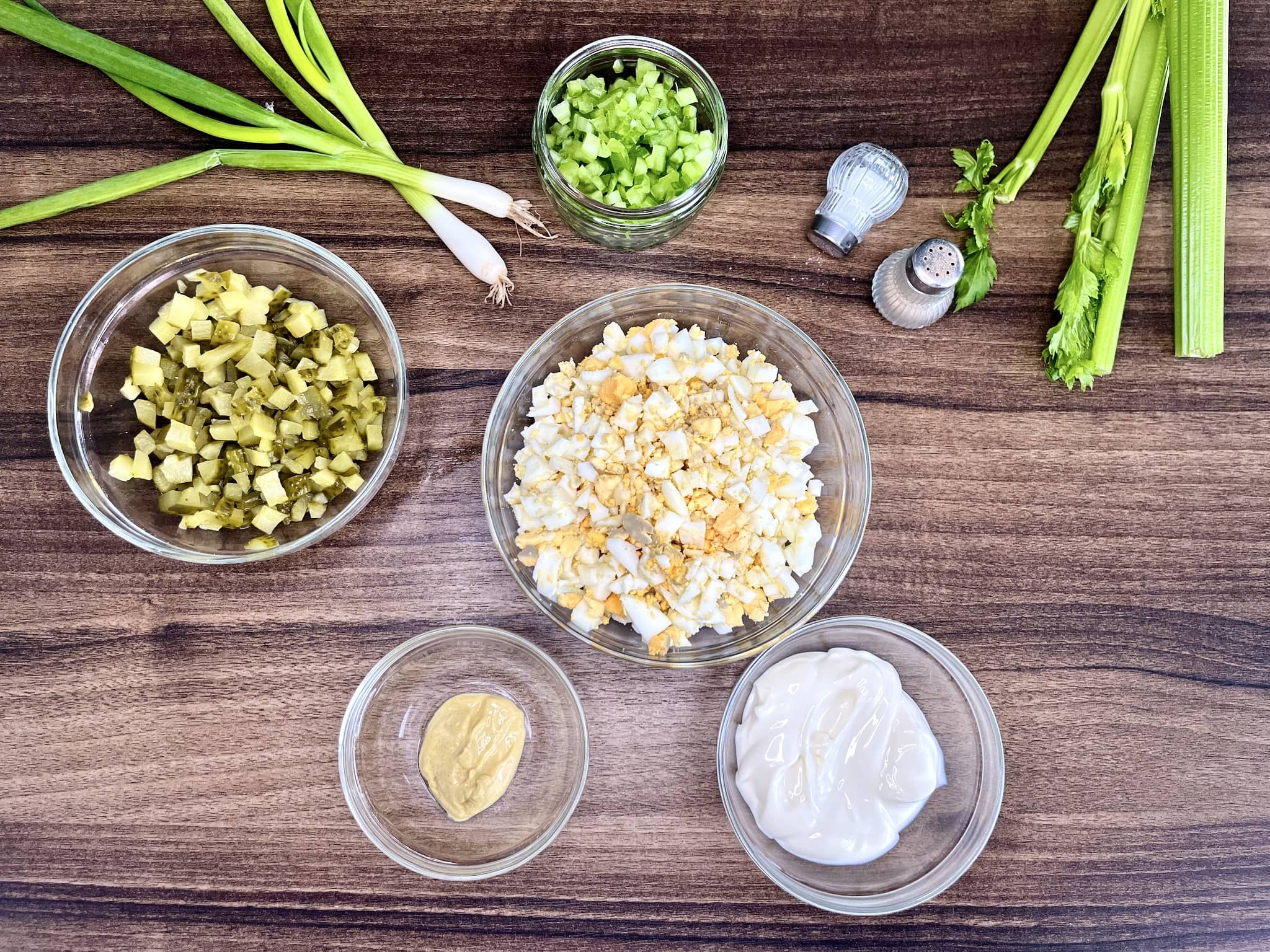 All ingredients prepped, ready to make Egg Mayo with Gherkins Sandwich Filling