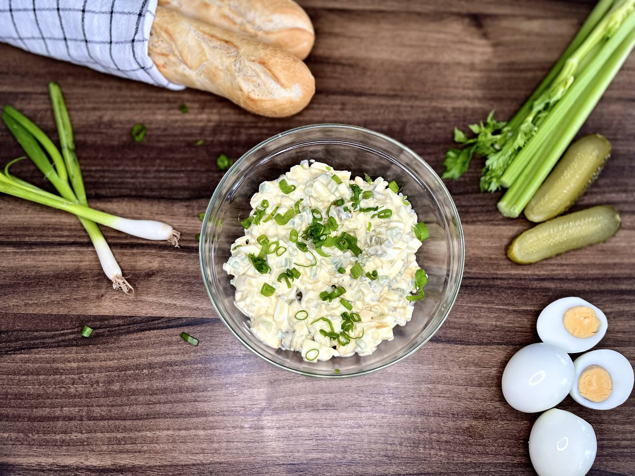 Finished Egg Mayo with Gherkins Sandwich Filling, sprinkled with spring onion from the top