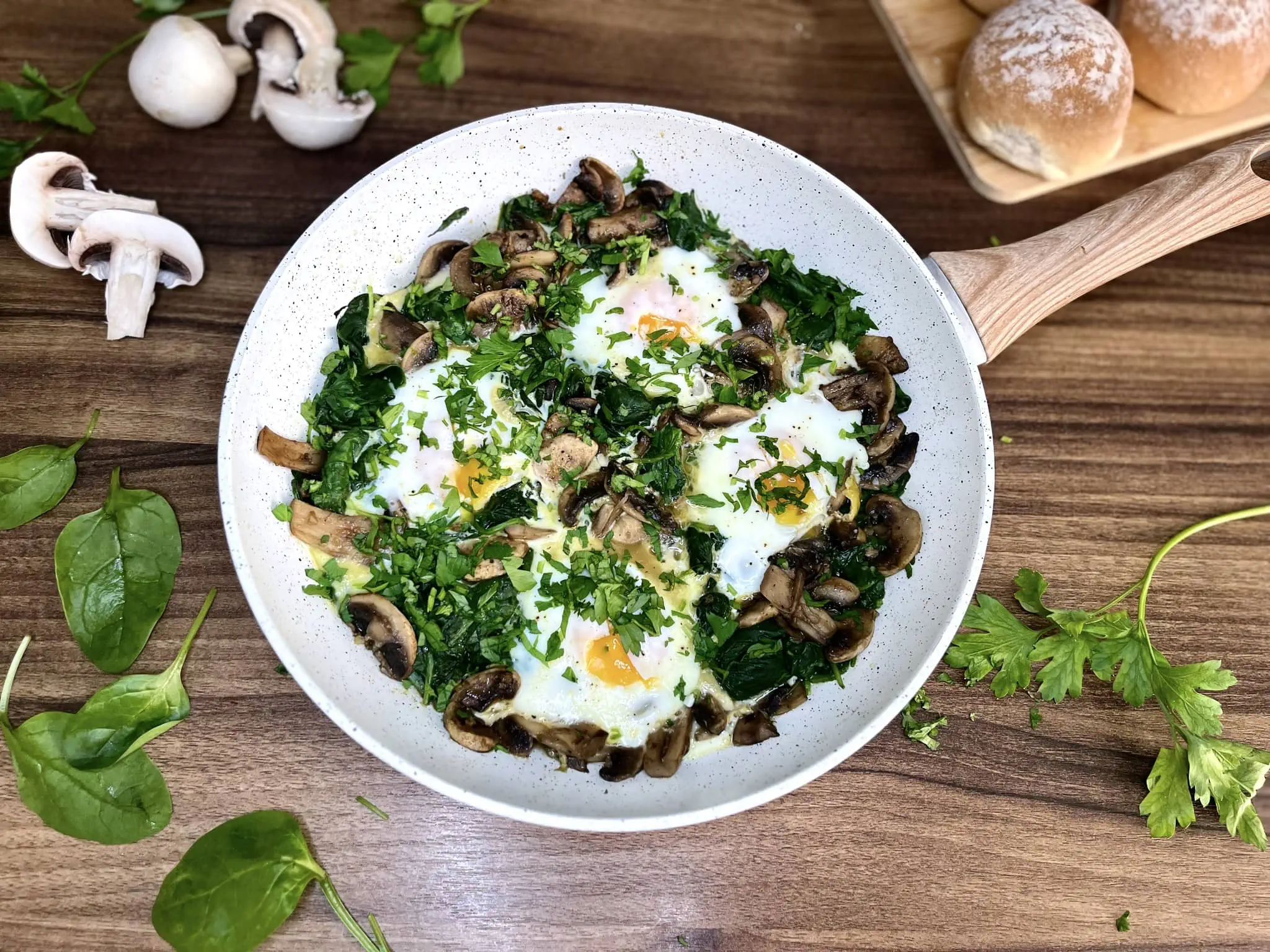 Perfectly prepared egg, mushroom, and spinach skillet, ready to serve