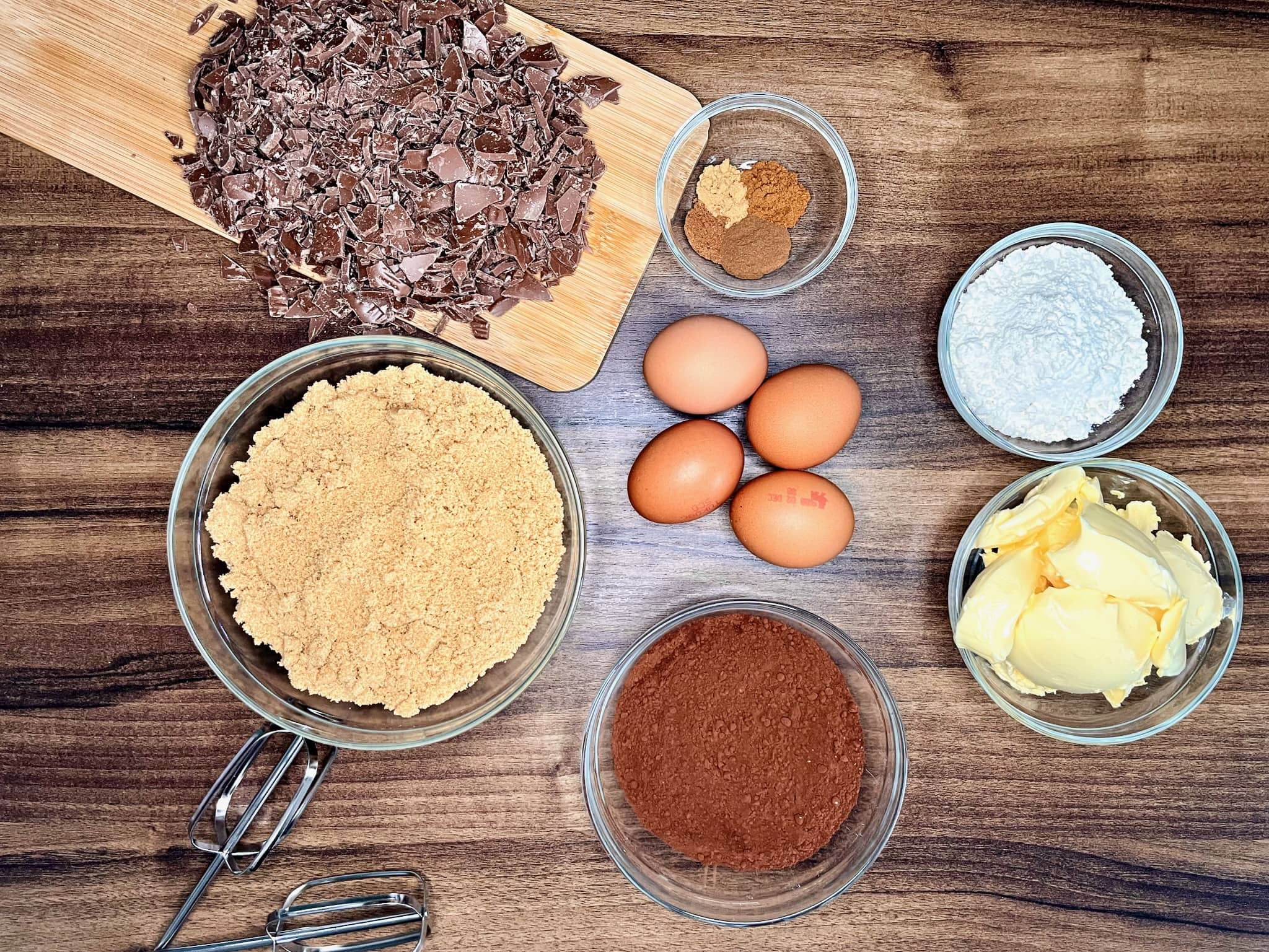 Assembling all the ingredients on the tabletop in preparation for baking a gingerbread brownie
