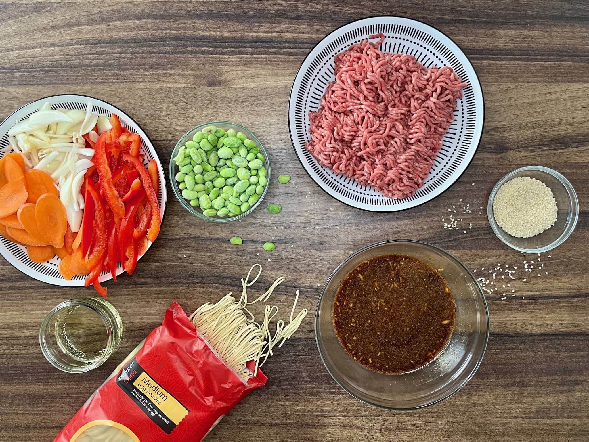 Ground beef stir-fry ingredients are ready to cook