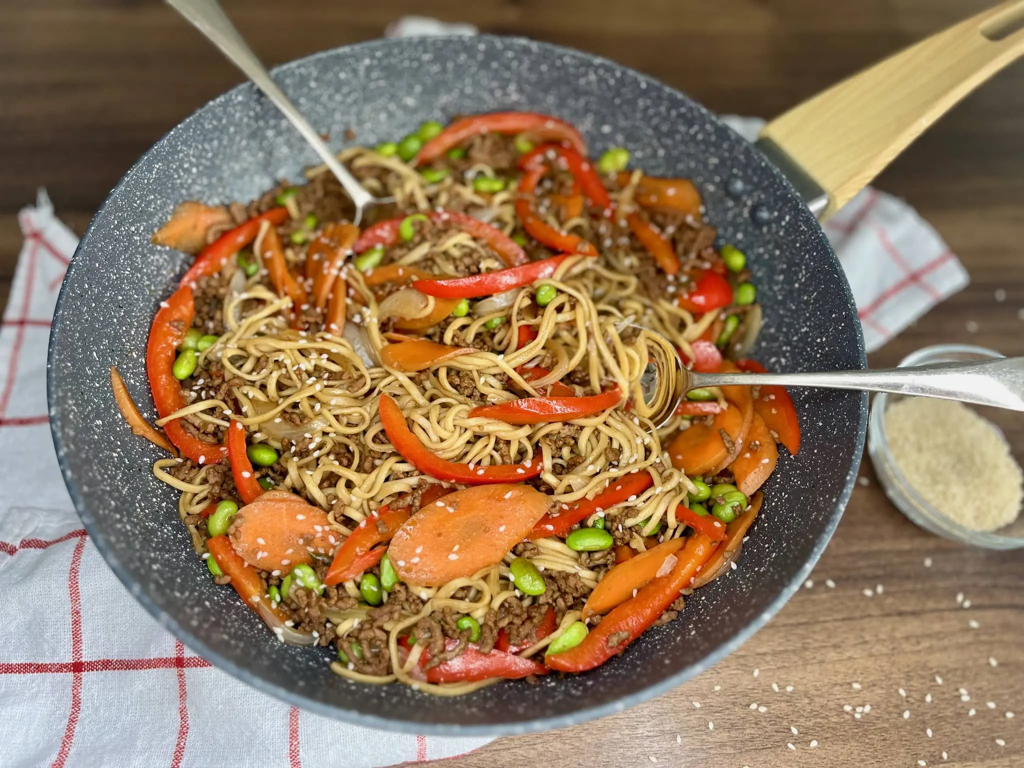 Ground beef stir-fry is ready to serve, still in the pan