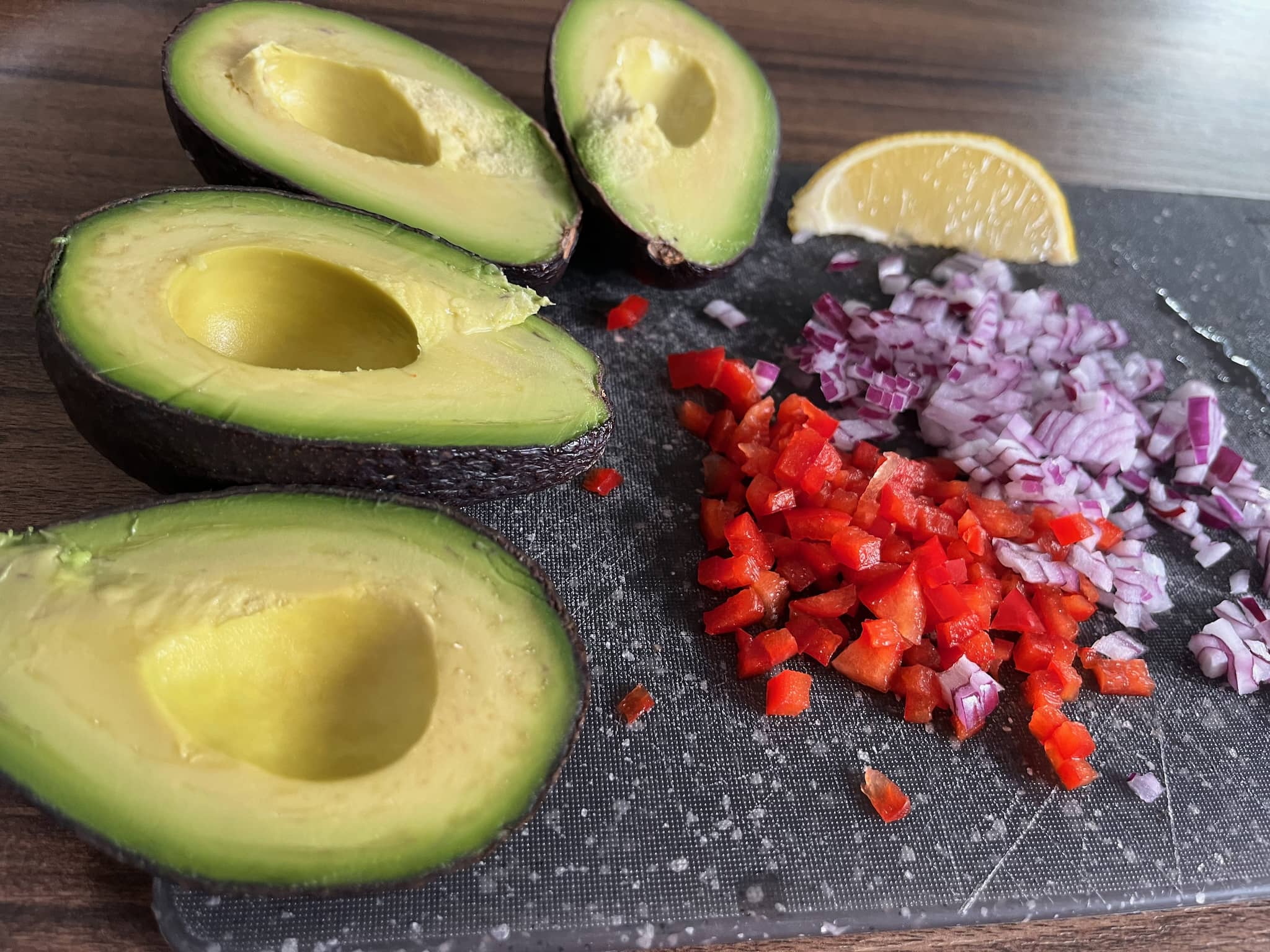 Avocado with chopped pepper and onion