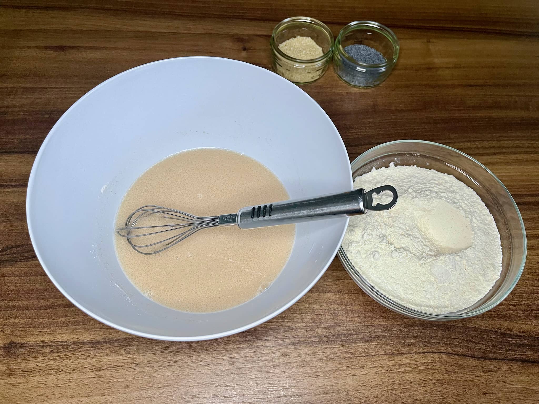 Yeast mixed in a bowl full of water before adding other ingredients