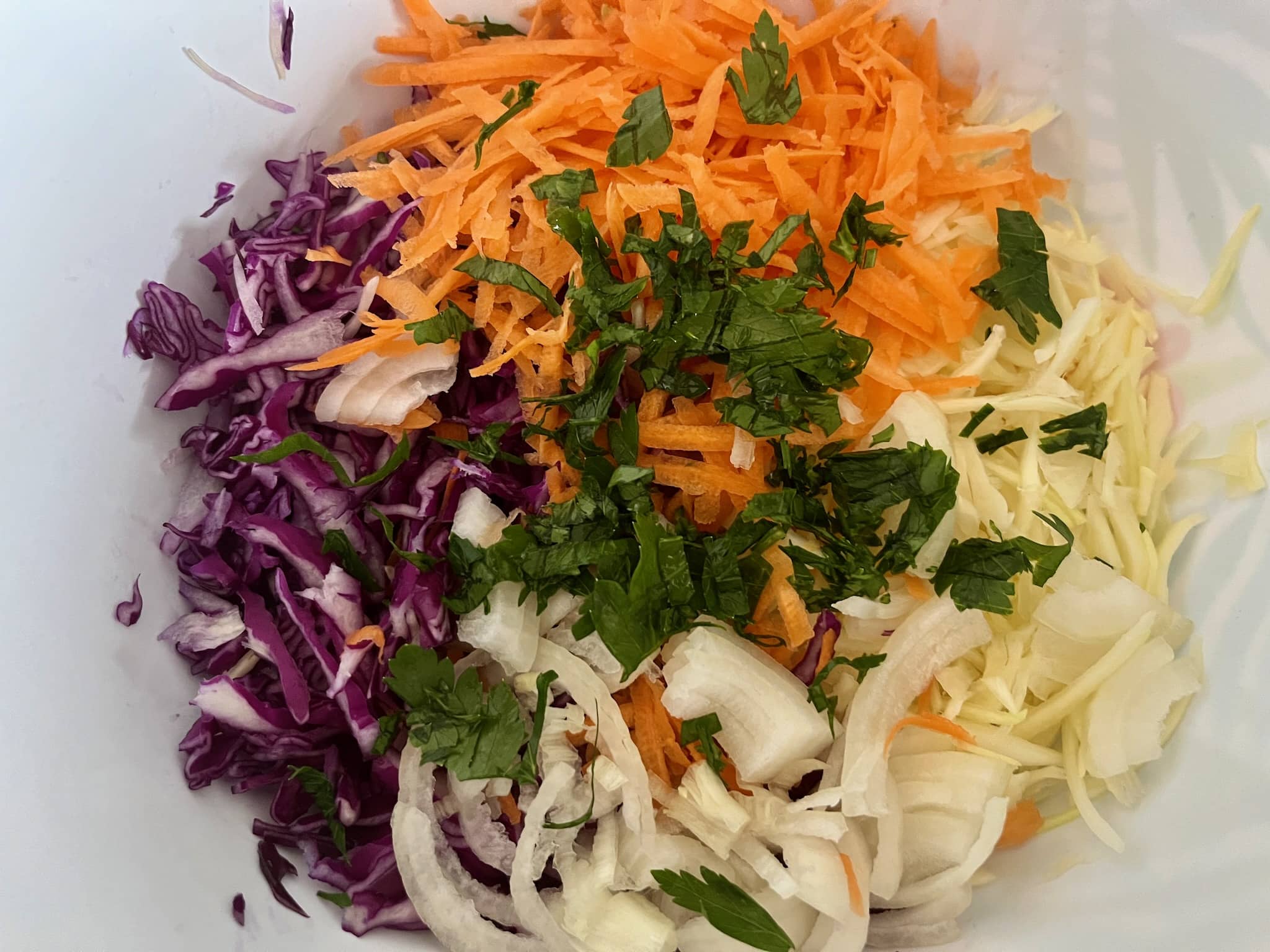Shredded red and white cabbage, grated carrot, sliced onion and parsley in a bowl