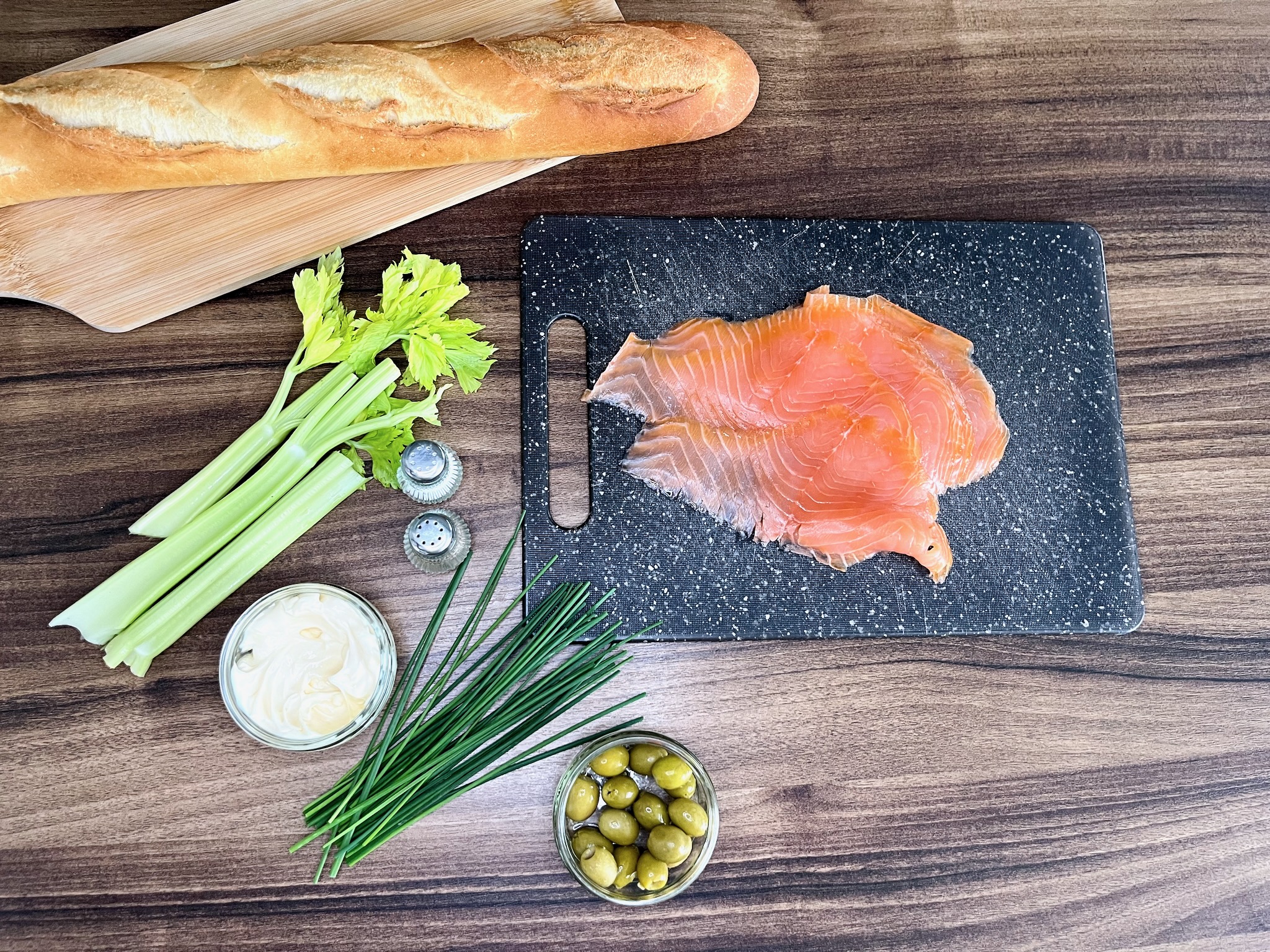 All ingredients are ready to make Smoked Salmon Sandwich filling