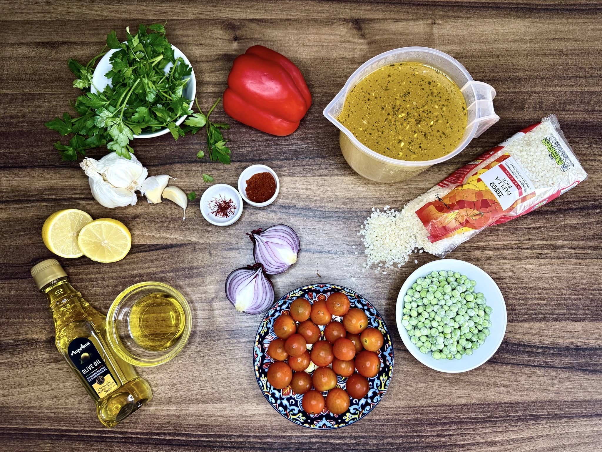 All ingredients on the table, ready to make Vegetable Paella