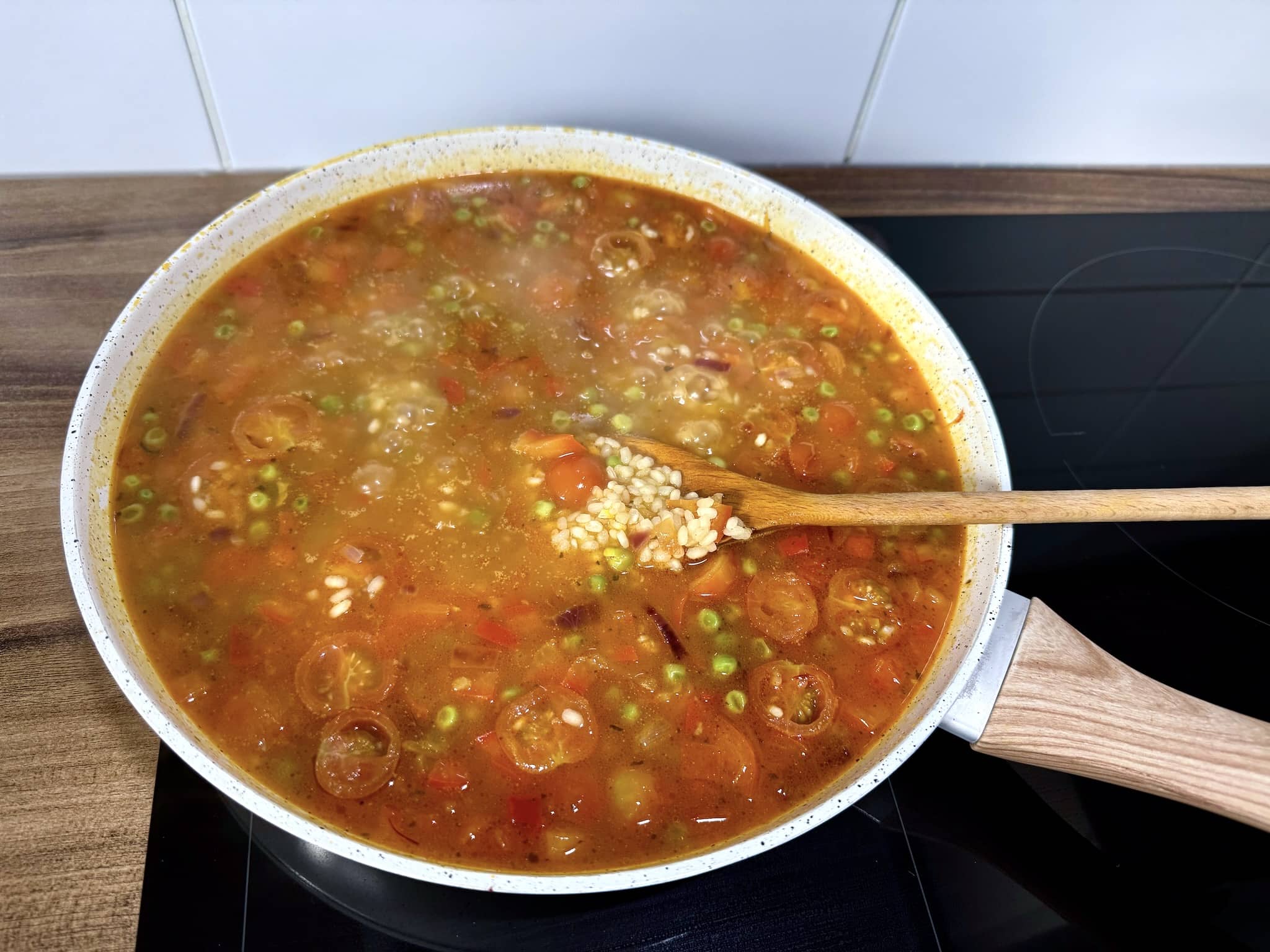 All ingredients covered with vegetable stock, ready for further cooking