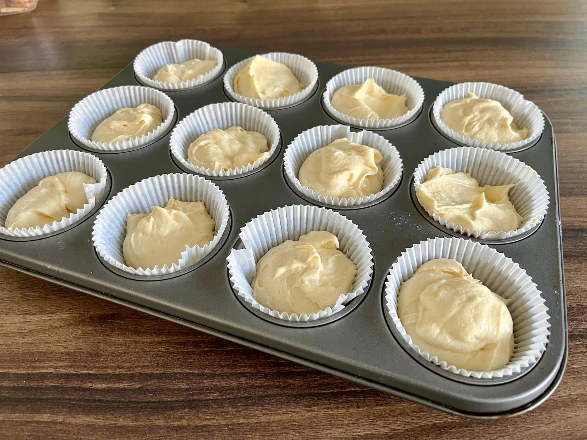 Dough for muffins in cupcake cases ready to bake