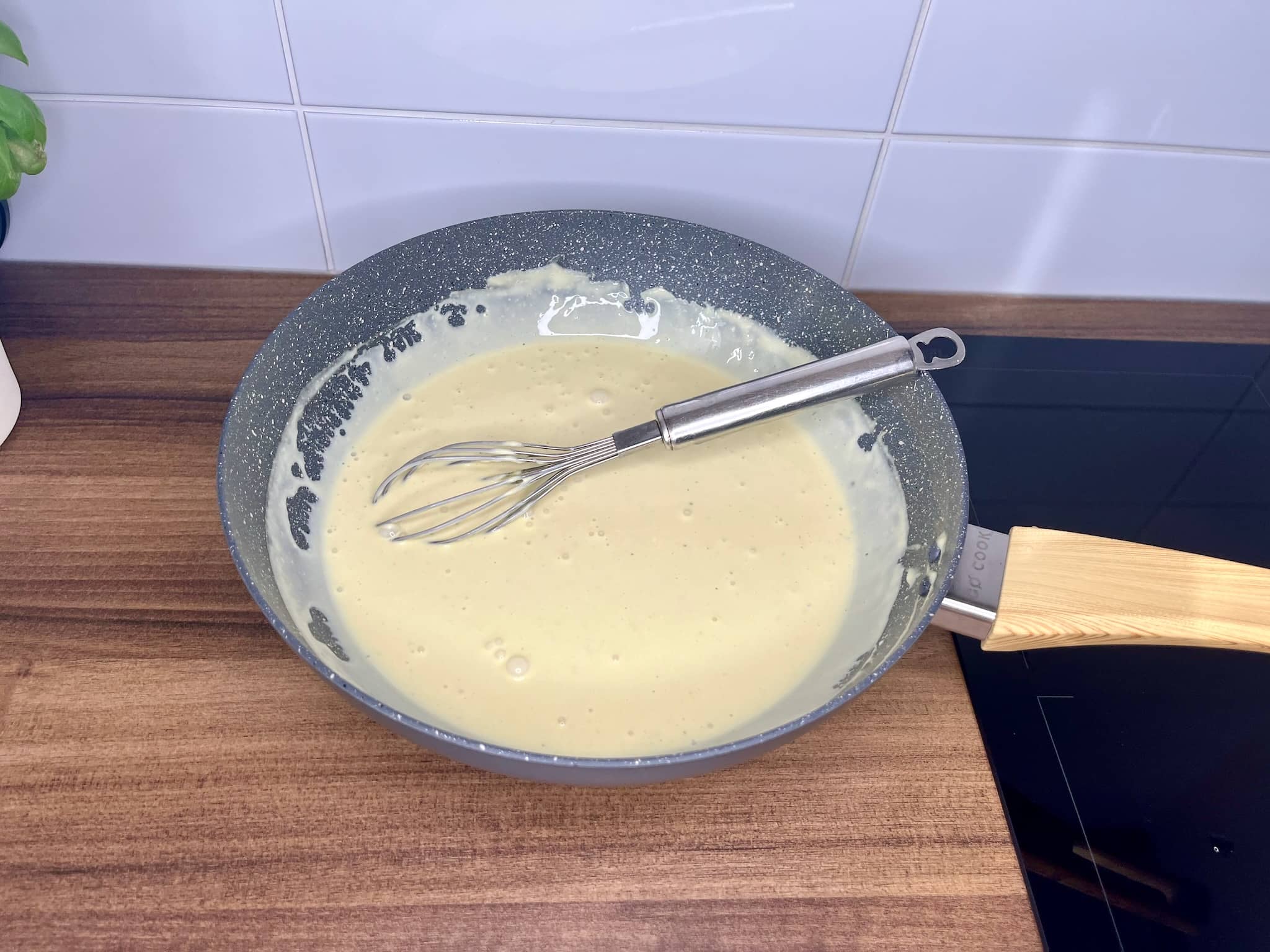 The prepared sauce is still in the pan
