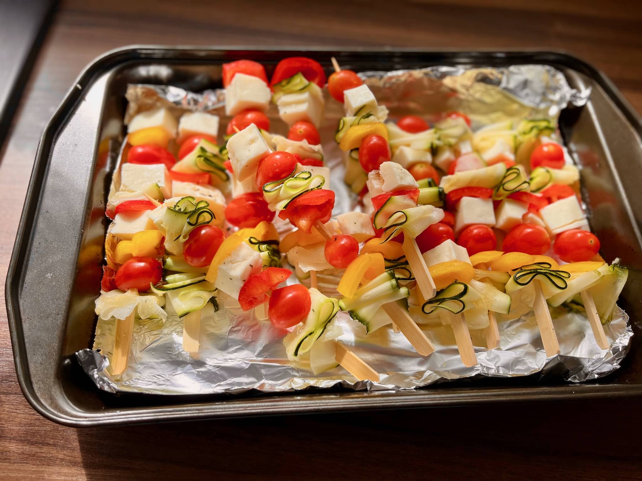 Meatless Skewers with Halloumi Cheese just before baking on a baking tray