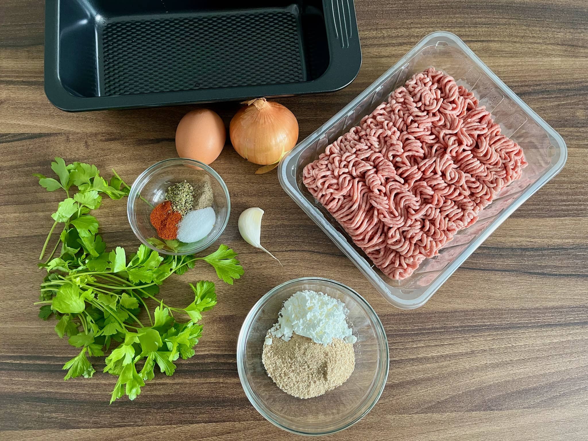All ingredients for meatloaf ready to make meatloaf