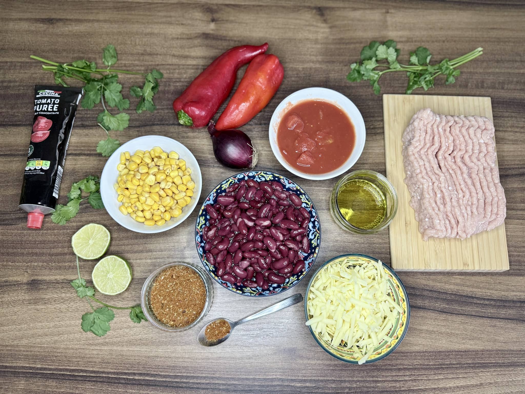 All the ingredients on the tabletop ready to make Mexican-inspired Chicken Skillet
