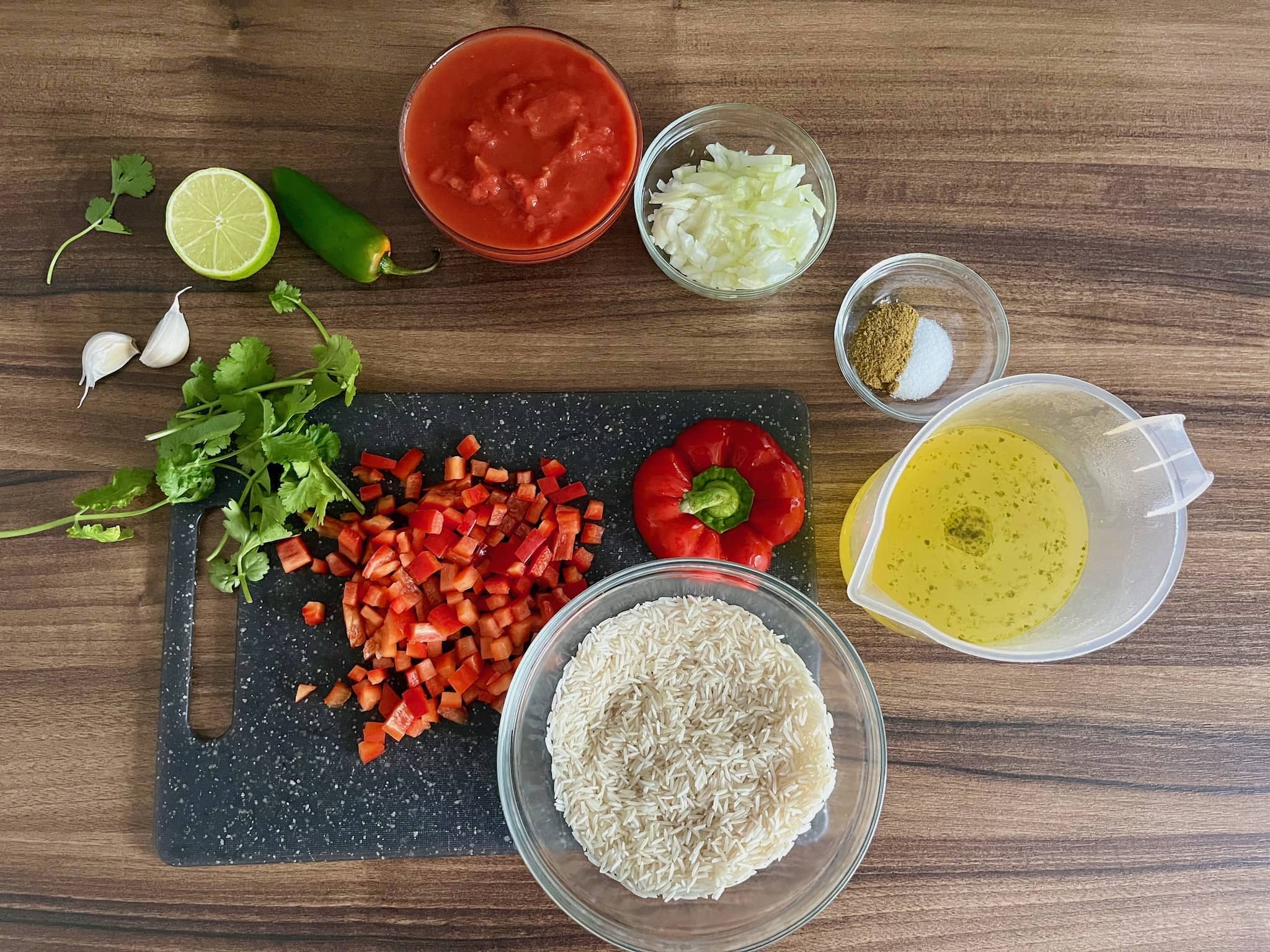All the ingredients ready to make Mexican Rice