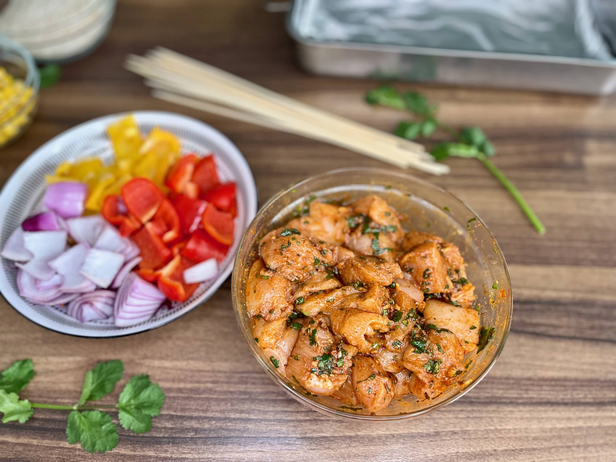 Nicely marinated chicken breast cubes in a bowl