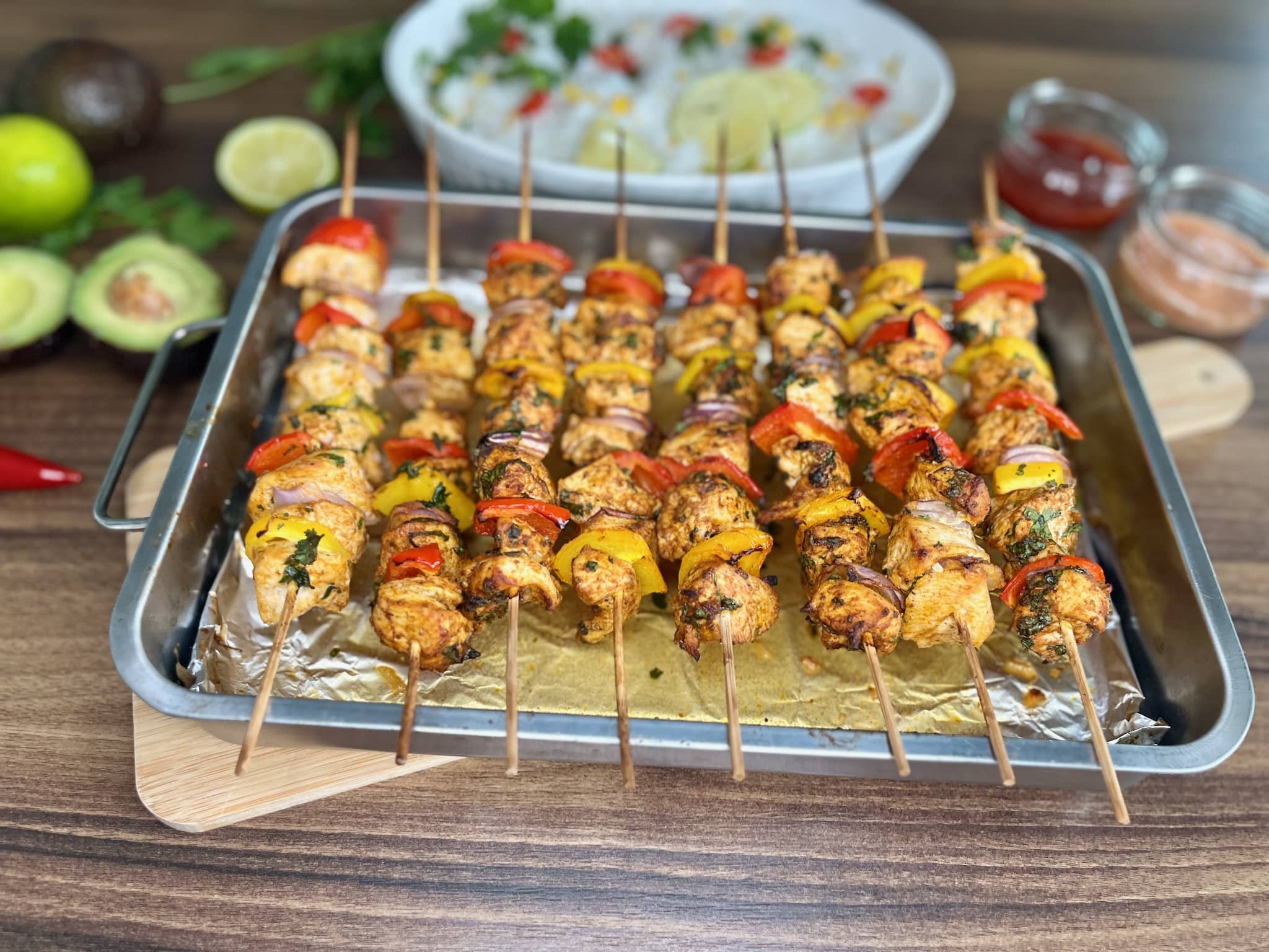 Freshly baked chicken skewers, straight from the oven