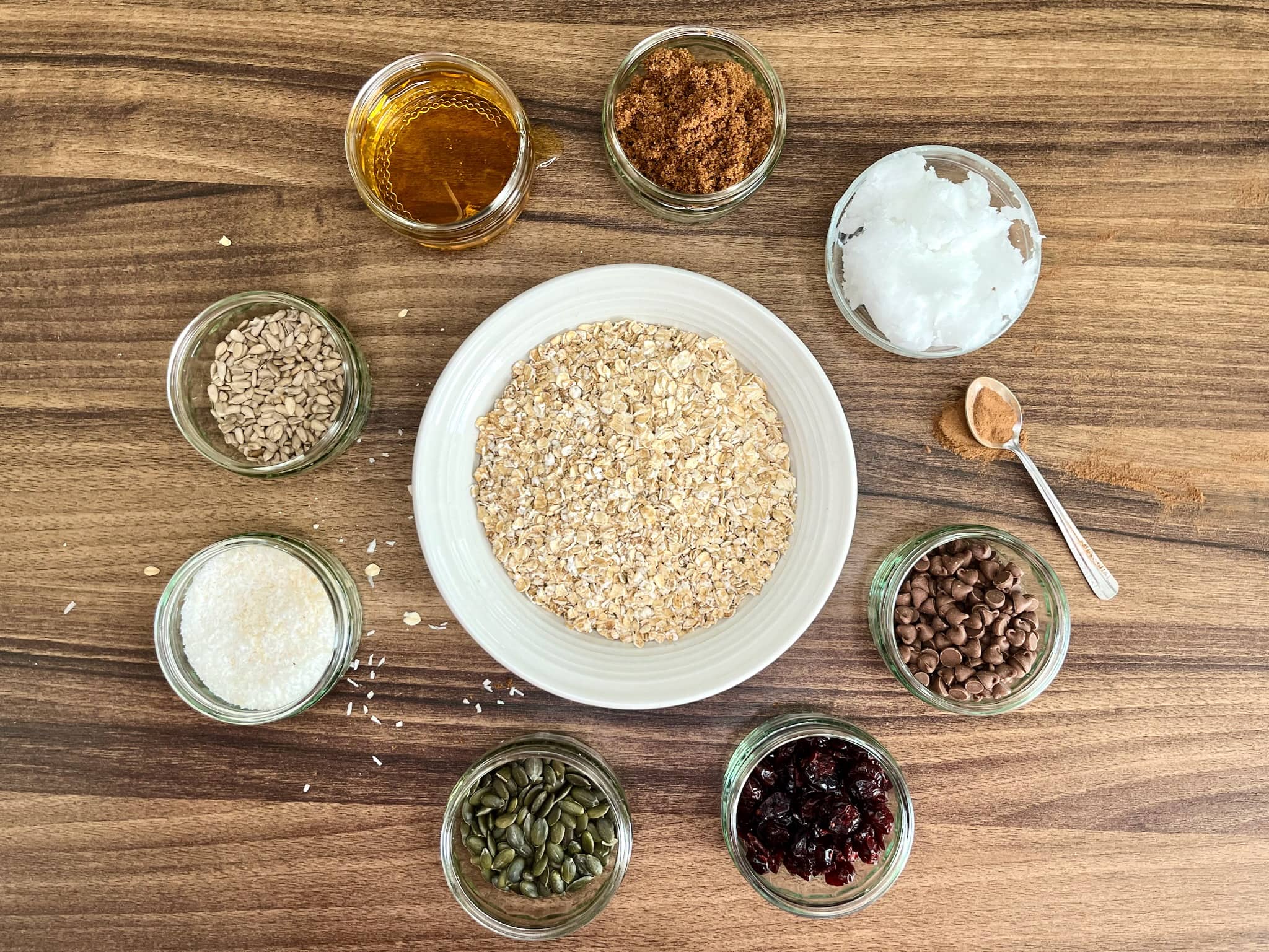 All the ingredients are on the tabletop, ready to make No-Bake Nut-Free Muesli Bars
