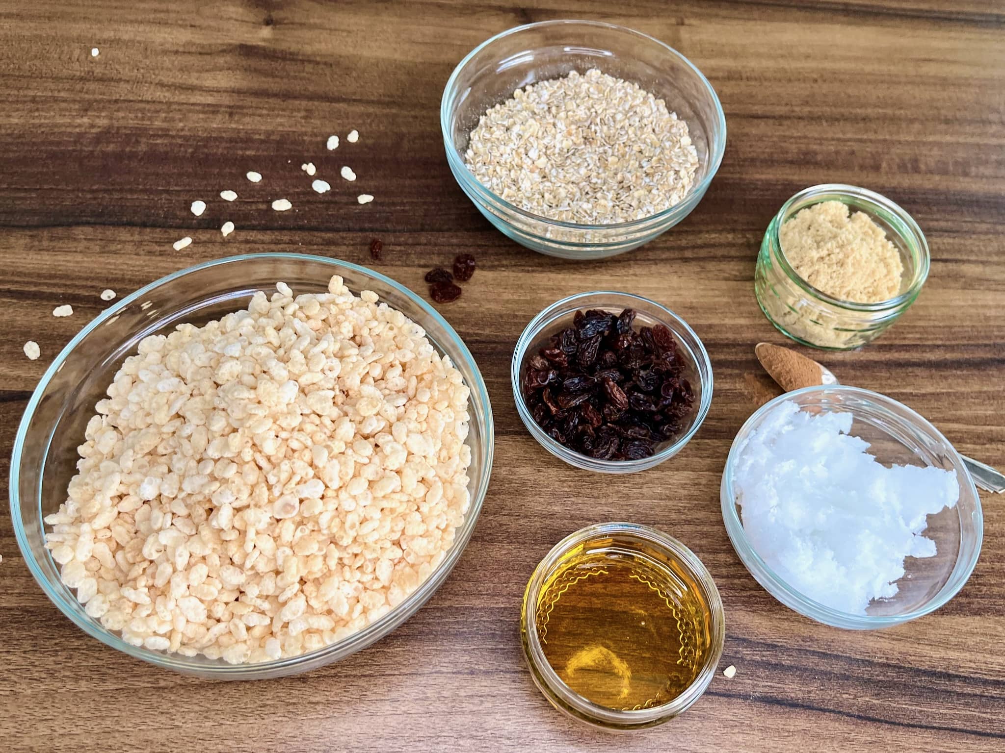 All your ingredients are gathered and ready to go for these No-Bake Rice Krispie Bars with Oats