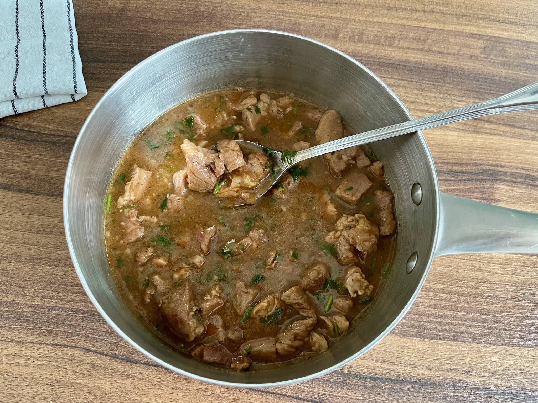 Finished pork goulash in a saucepan