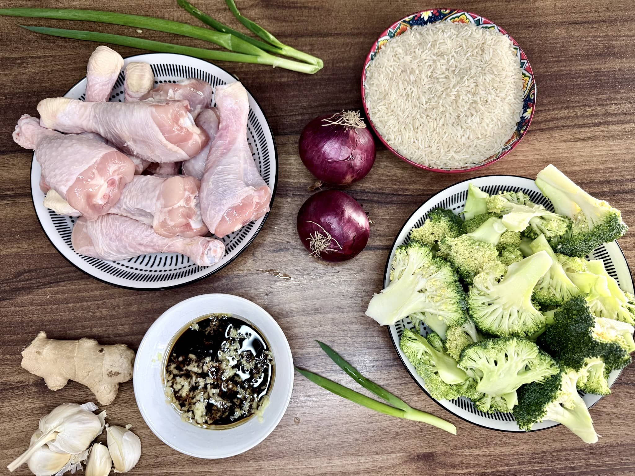 All the ingredients on the tabletop ready to make Oriental Spiced Chicken Drumsticks