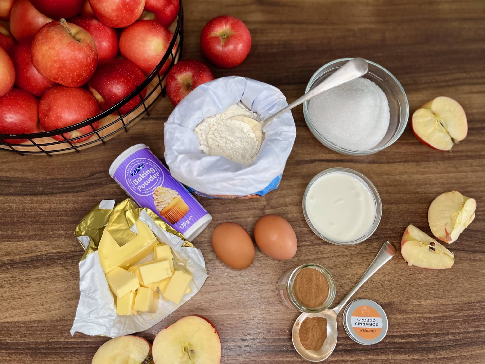 All the ingredients are gathered and ready to be used in the preparation of the Polish Apple Cake