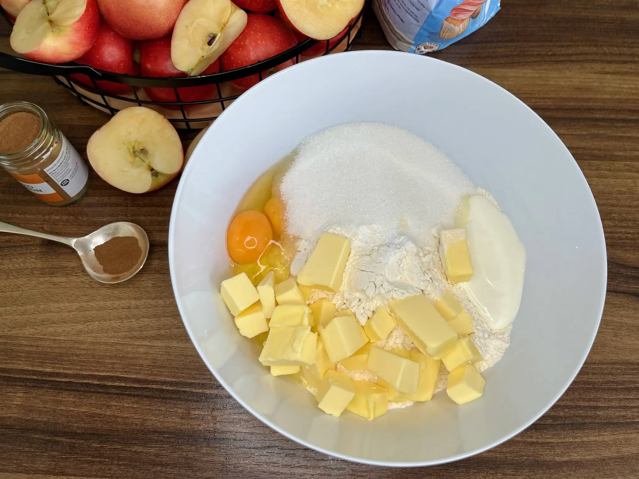 All the ingredients for the dough are placed in a large mixing bowl