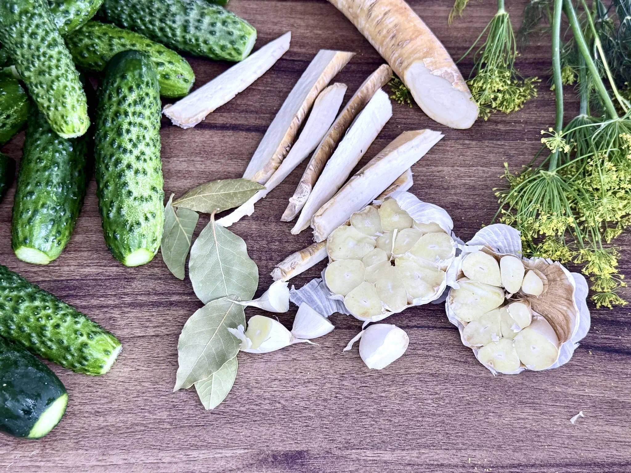 Trimmed cucumbers on the left, with a halved head of garlic and horseradish in the centre, with dill on the right