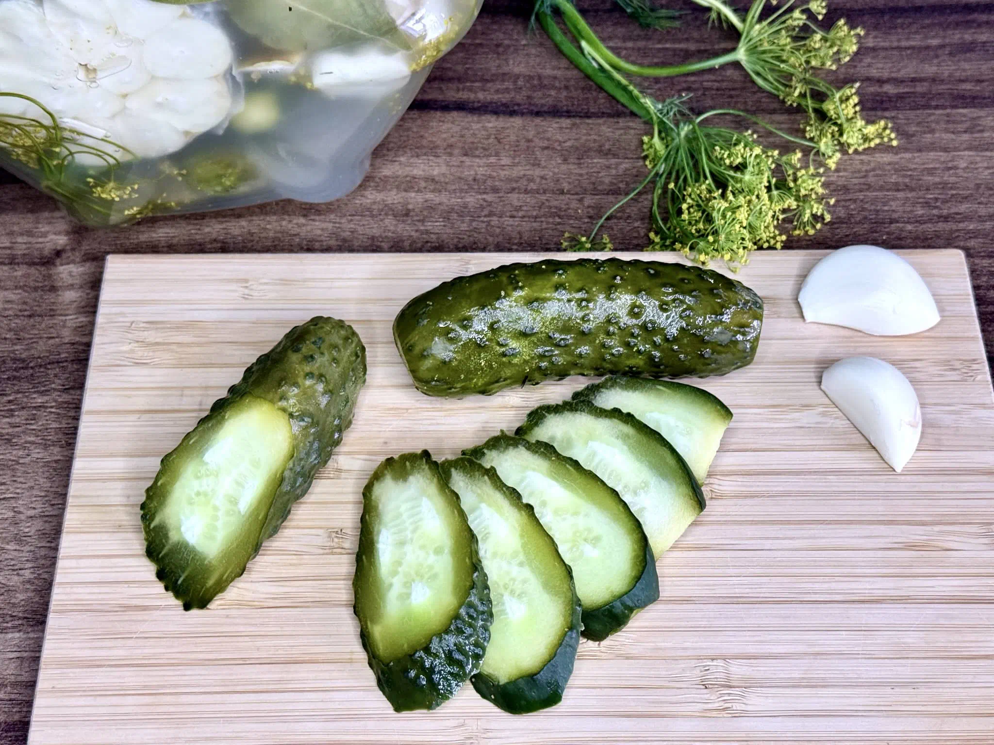 Close-up of cucumber slices on a chopping board