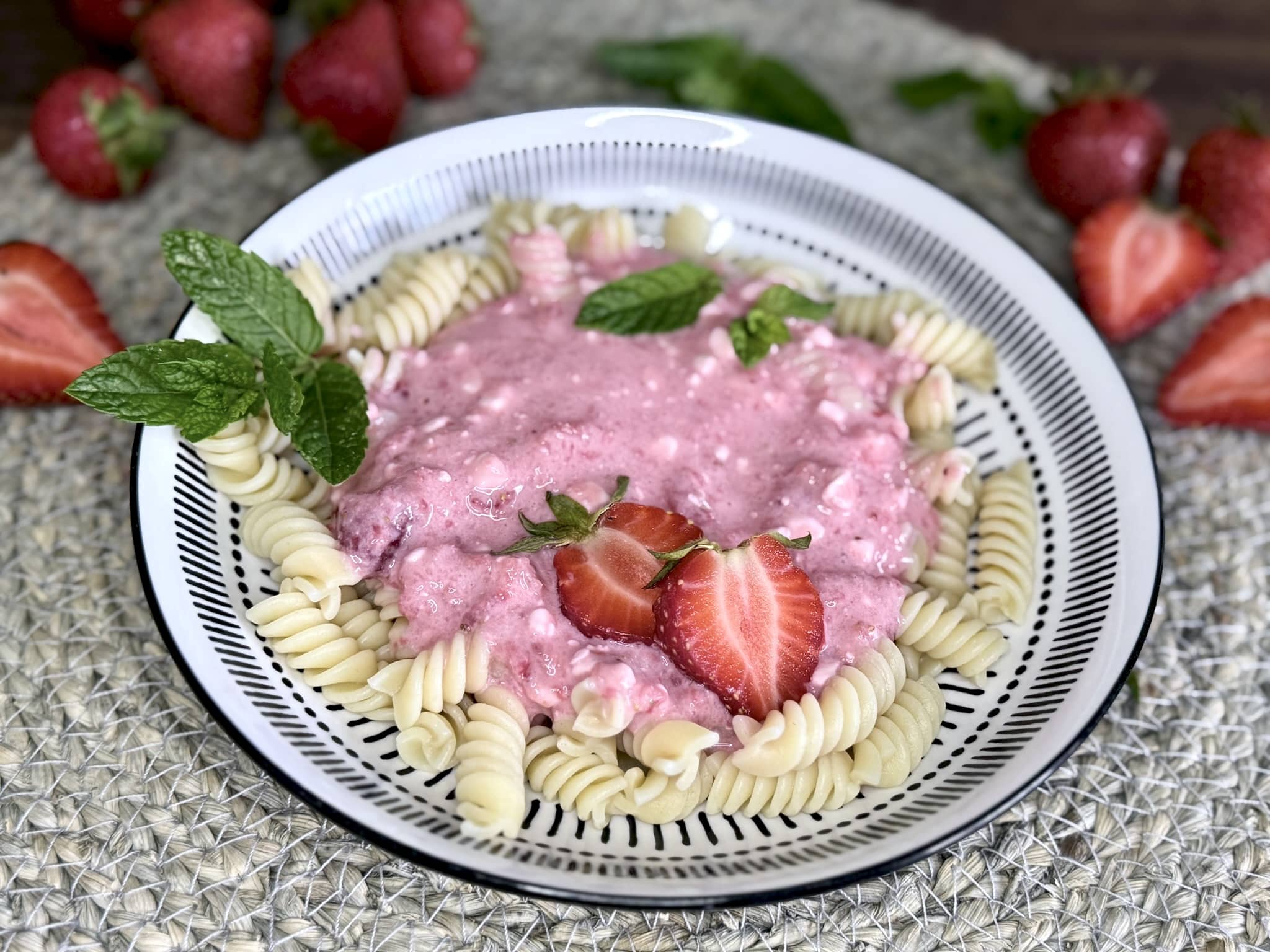 Ready-to-eat portion of Polish strawberry pasta