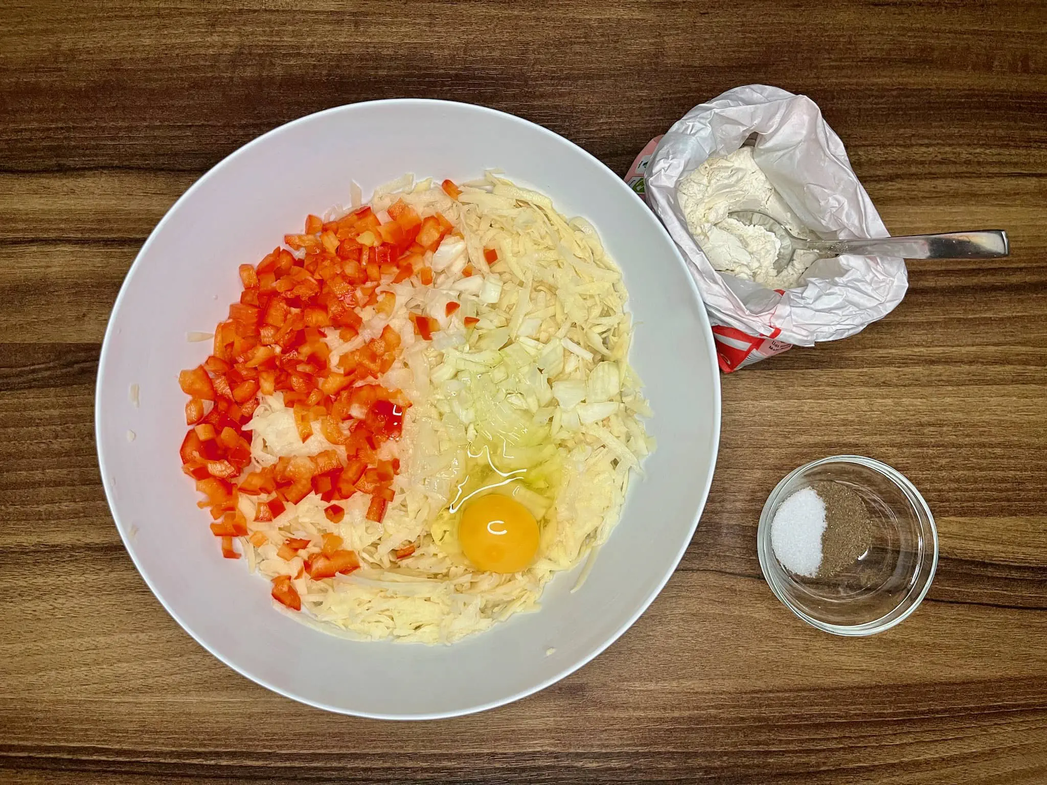 Mix the potato pancake ingredients together, keeping the flour and spices separate