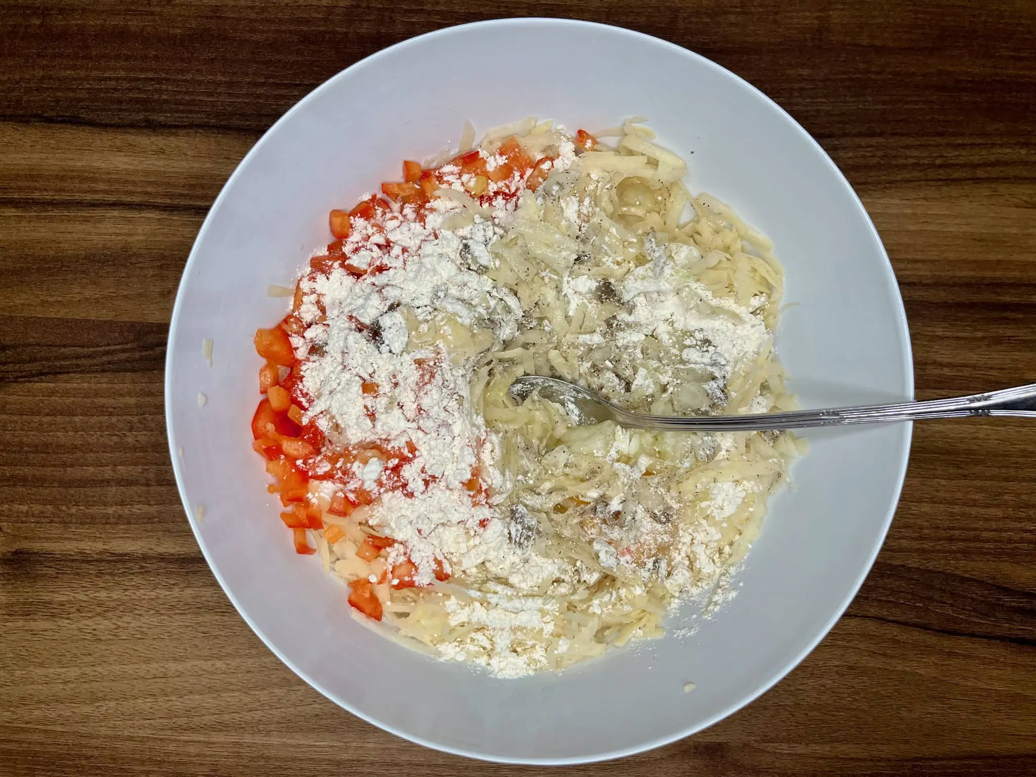 Mix the potato pancake ingredients together, then add the flour and spices