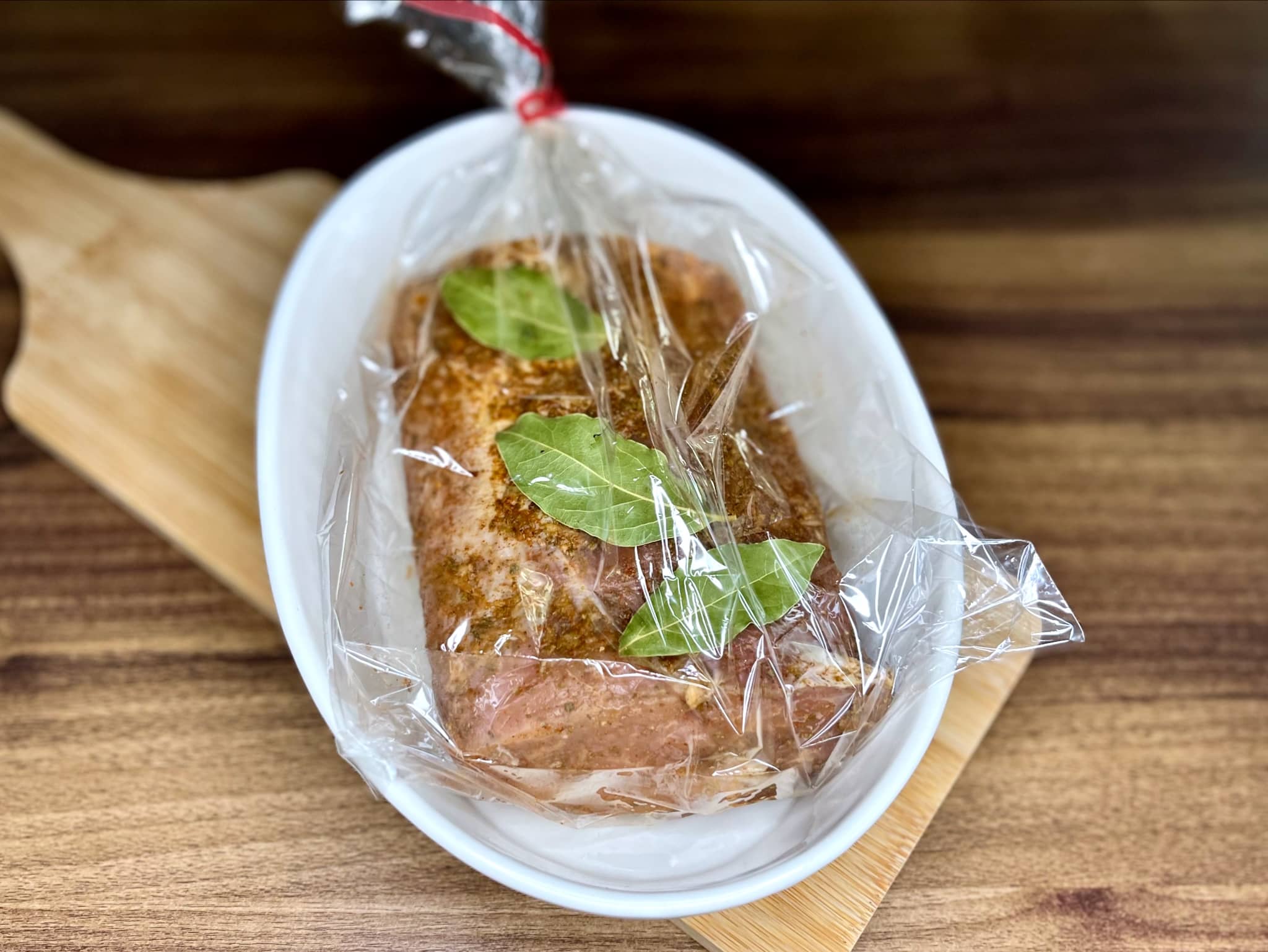 Pork loin packed in bag ready for baking