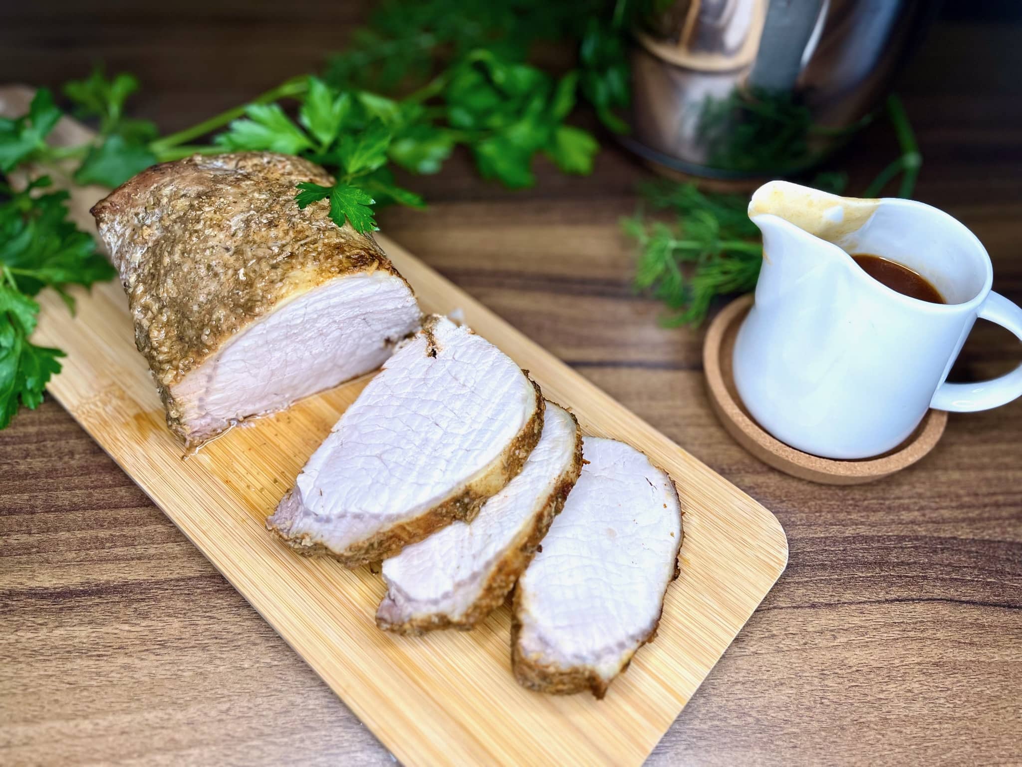 Slices of pork loin on a chopping board