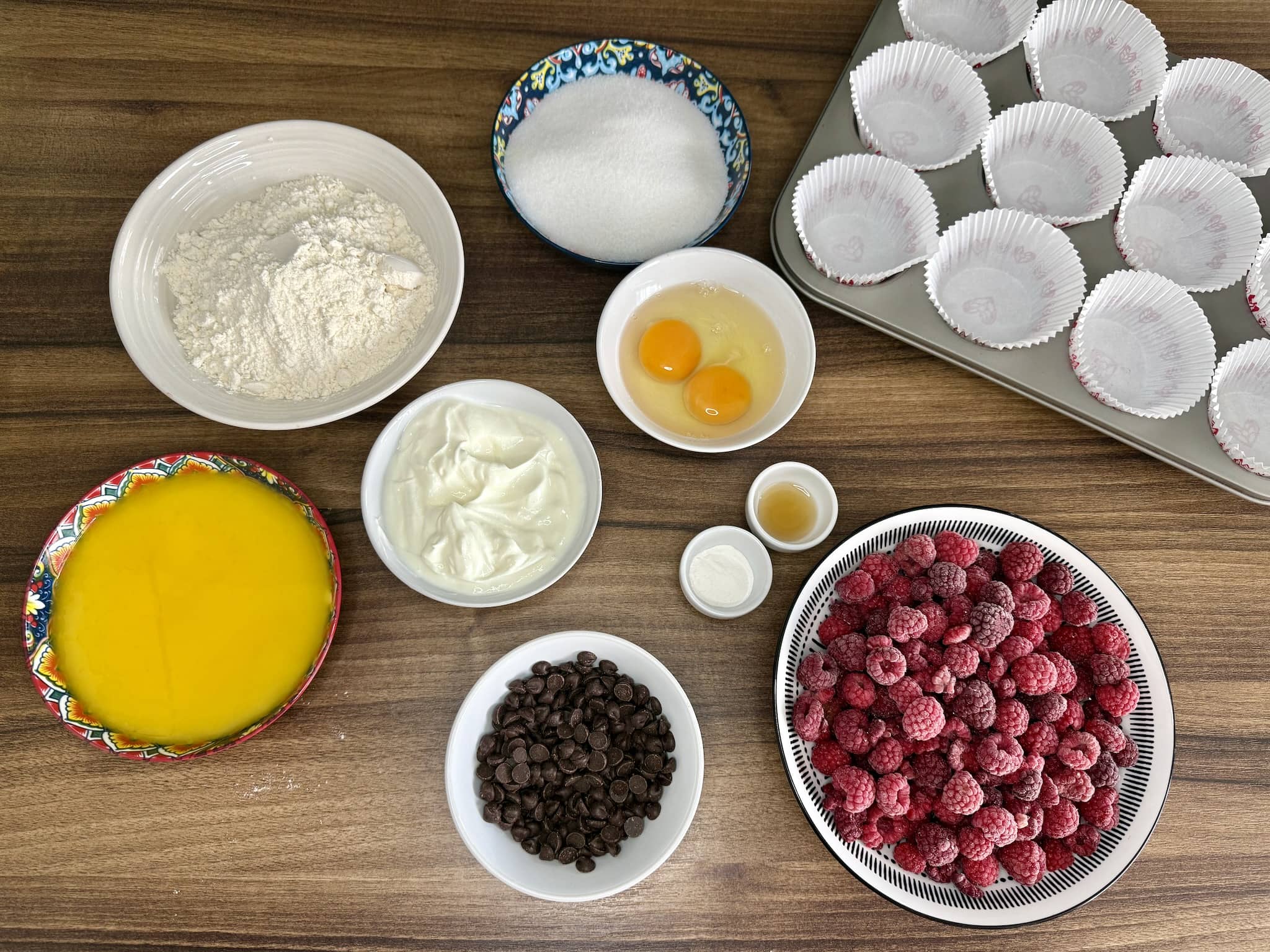 All ingredients ready to make Raspberry and Chocolate Muffins